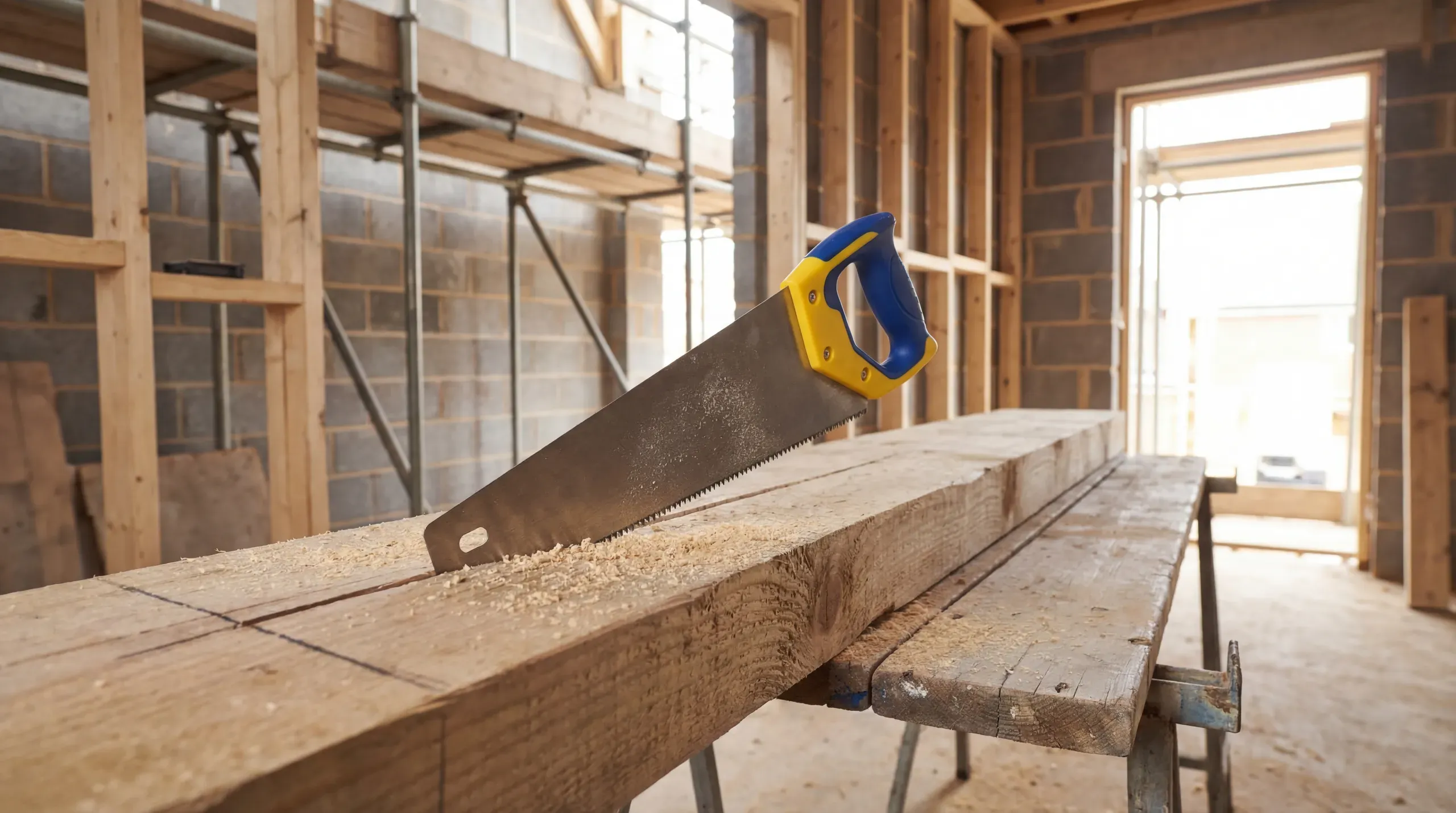 A hardpoint panel saw resting on a timber workpiece with pencil marks and sawdust visible on a construction site