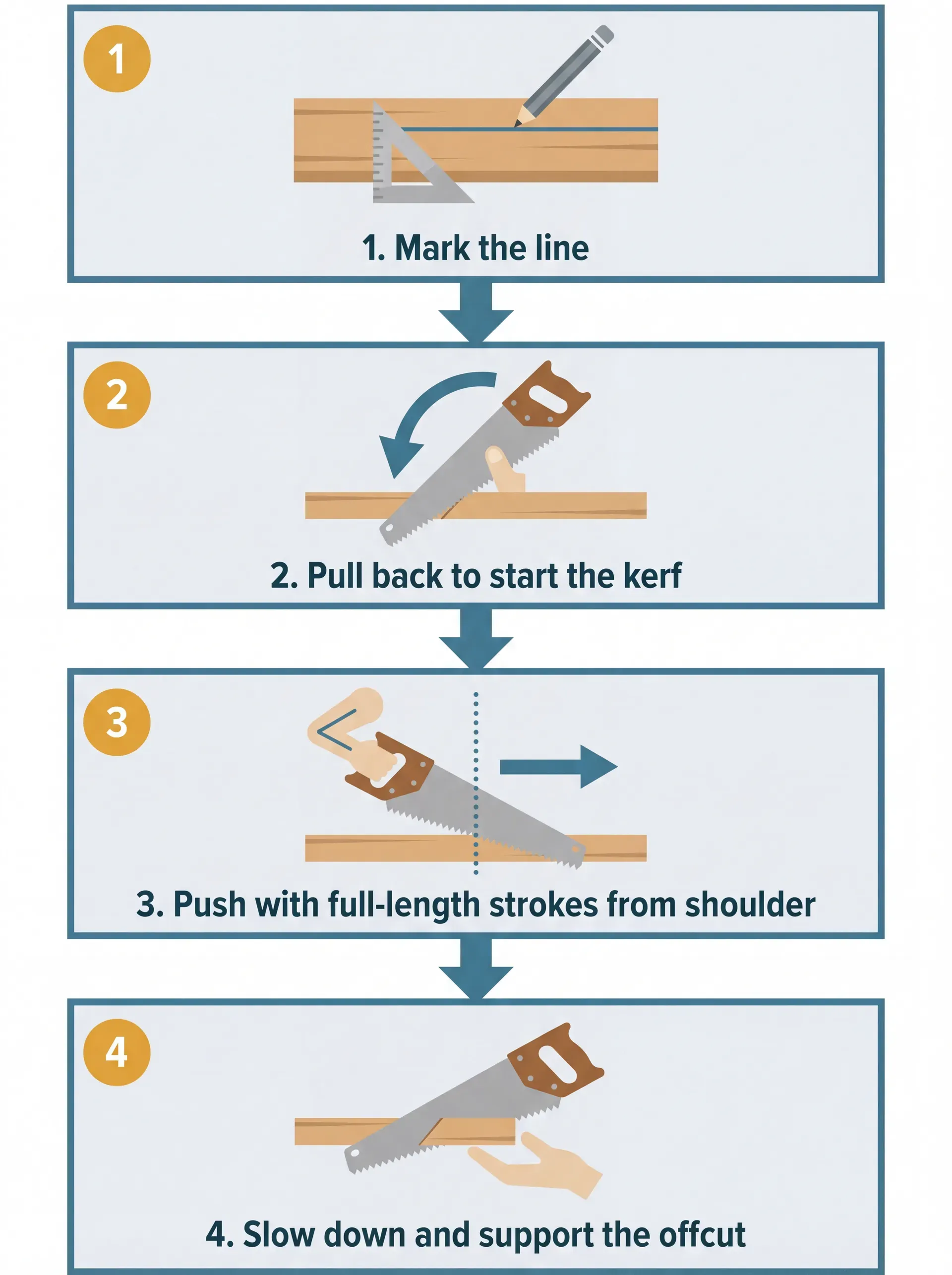 Four-step infographic showing proper hand saw technique: marking the cut line with a pencil and square, pulling back to start the kerf, using full-length push strokes from the shoulder, and slowing down to support the offcut at the end.