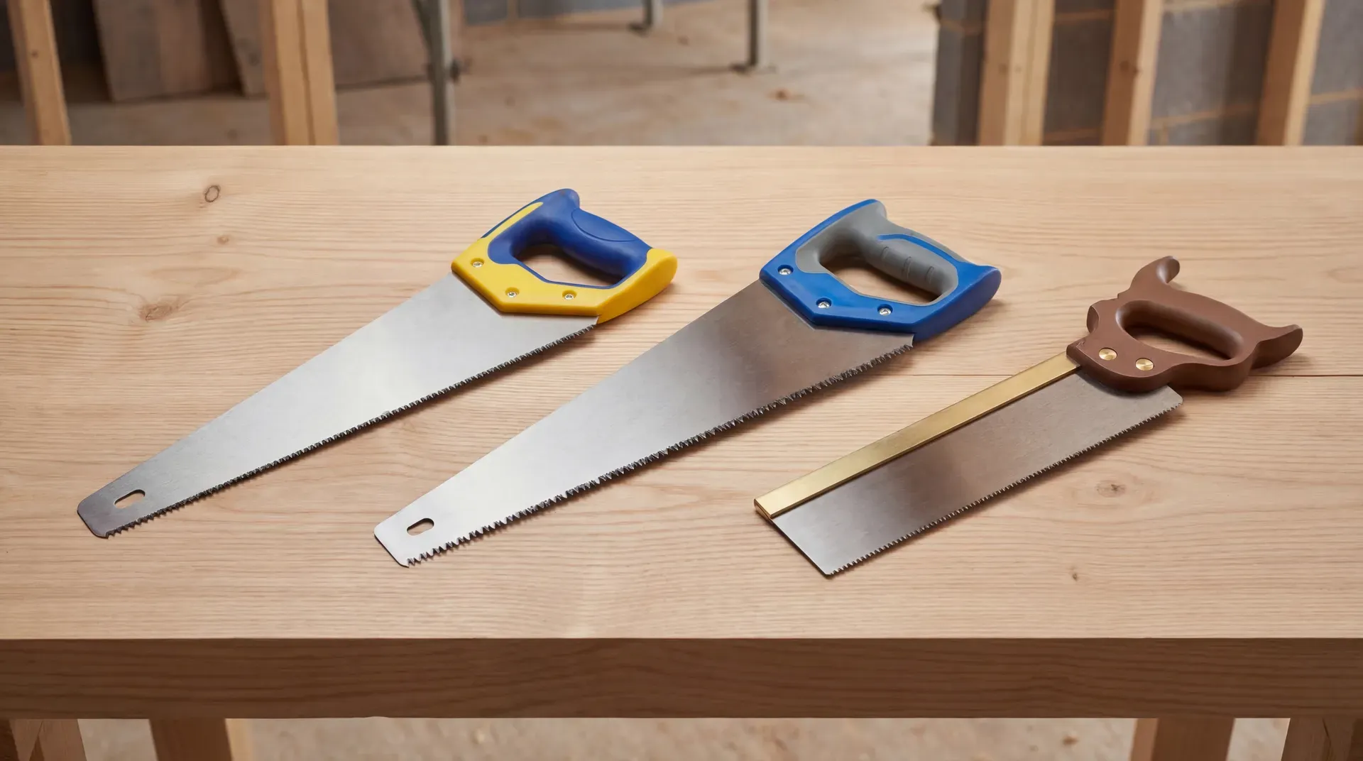 Three hand saws arranged side by side on a workbench: a budget 500mm panel saw with yellow and blue handle, a mid-range 550mm panel saw with blue handle and thicker blade, and a 300mm tenon saw with brass spine and wooden handle.