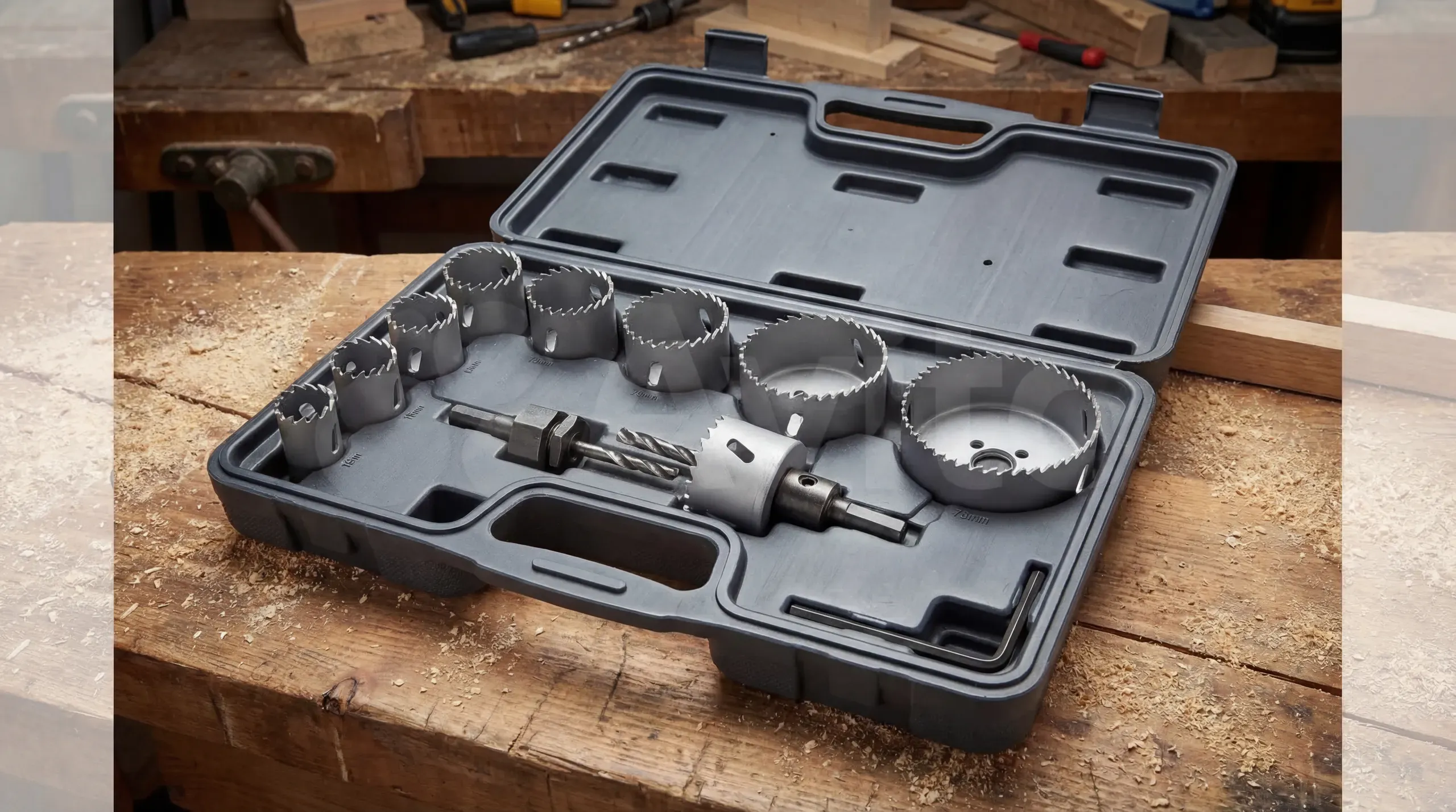 A bi-metal hole saw set in an open carry case showing multiple sizes from 19mm to 76mm with arbors and pilot drill bits