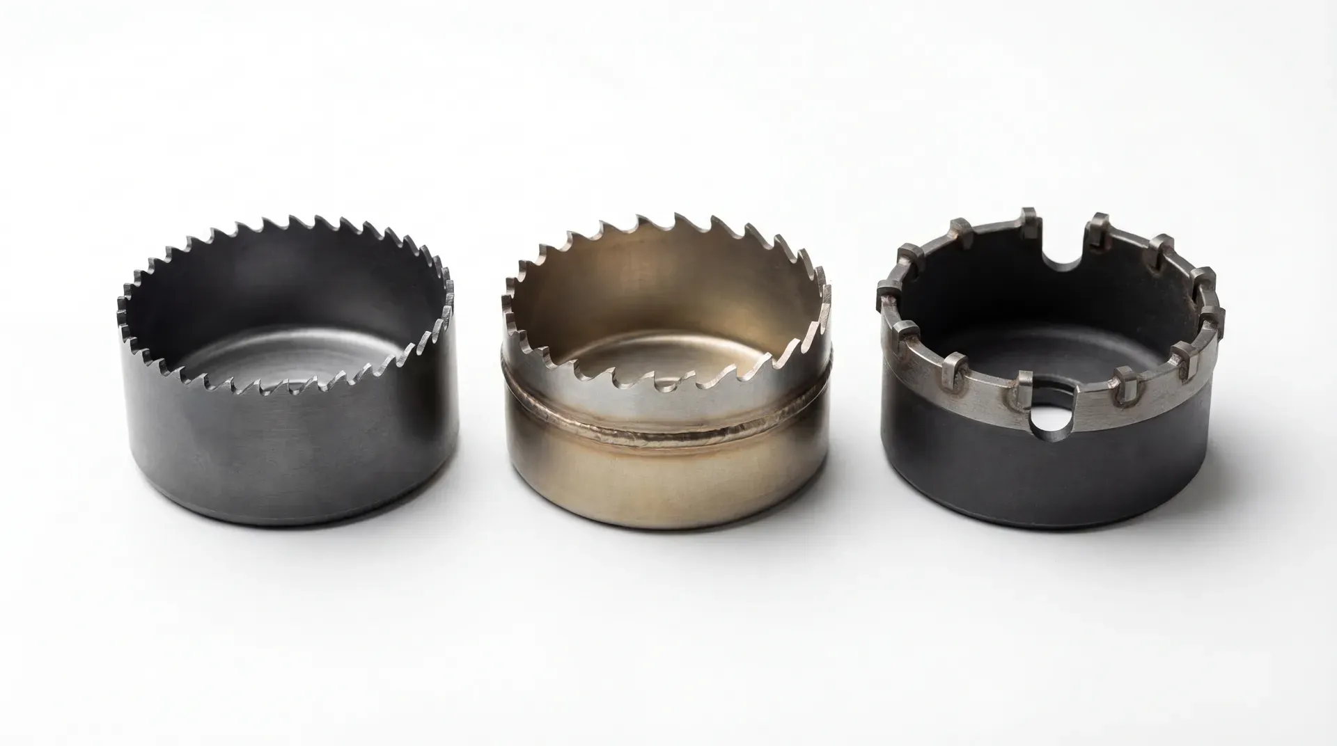 Three hole saws of identical diameter placed side by side: a carbon steel saw on the left with uniform fine teeth, a bi-metal saw in the centre with variable pitch teeth and a visible weld line around the cup body, and a TCT saw on the right with individual brazed carbide tips and wider gullets between them.