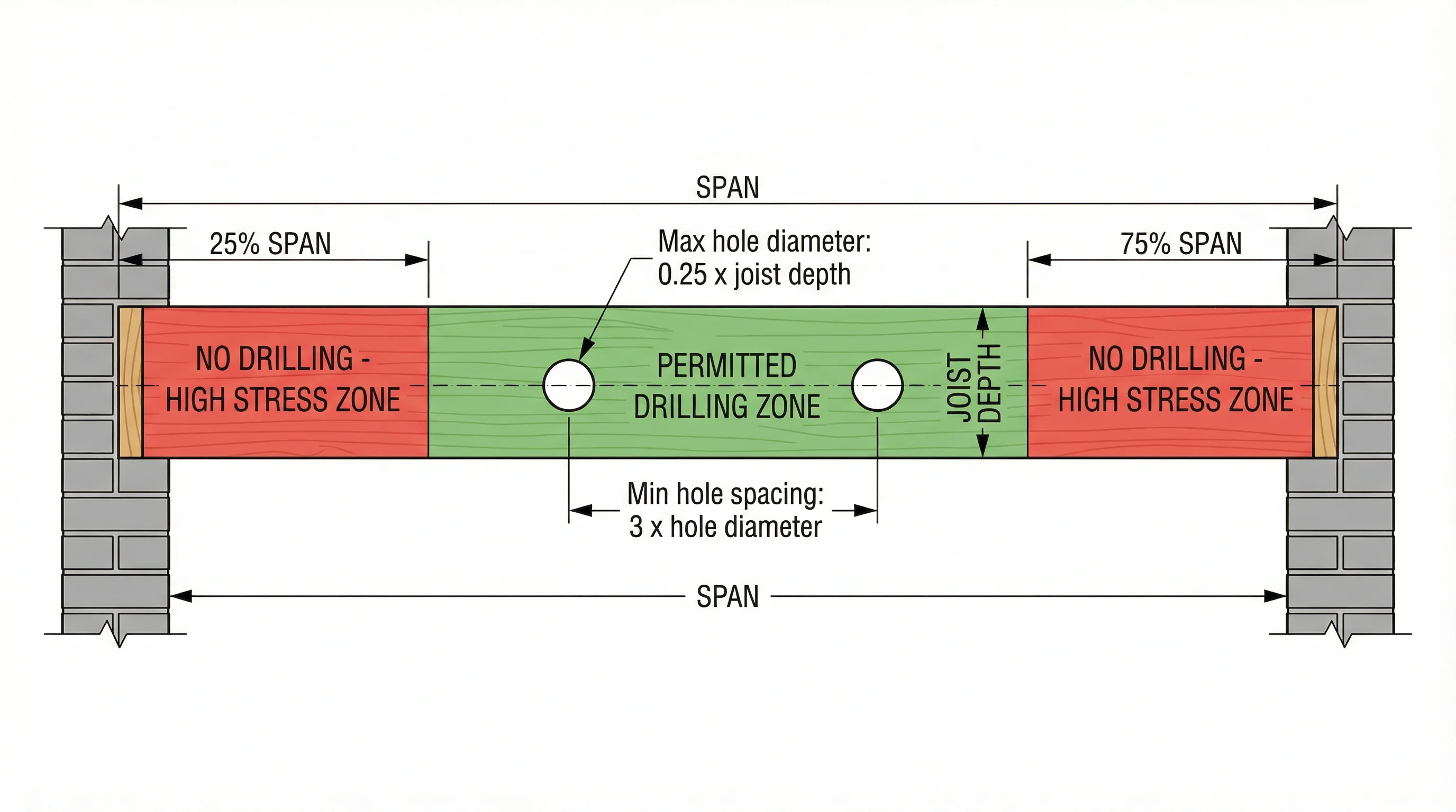 Technical diagram showing a solid timber joist in side elevation spanning between two bearing wall supports. The permitted drilling zone (0.25 to 0.4 of span from each support) is highlighted in green, the forbidden zones near each support are highlighted in red, and two correctly positioned holes are shown on the neutral axis centreline with annotations for maximum hole diameter and minimum spacing rules.