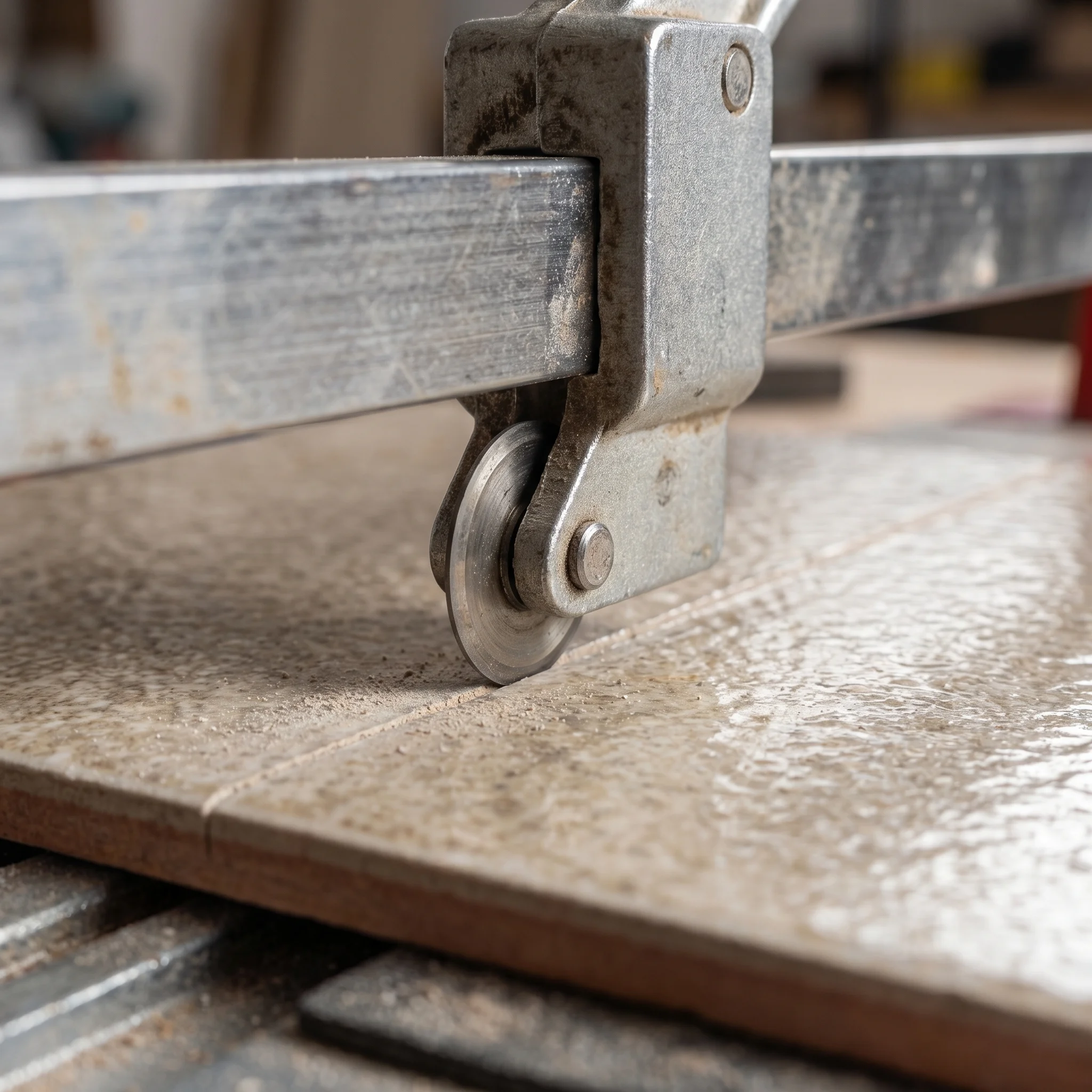Macro close-up of a tungsten carbide scoring wheel mounted on a manual tile cutter rail, showing the sharp metallic wheel edge and a crisp scored groove on a ceramic tile surface beneath it, with the carriage handle visible above.
