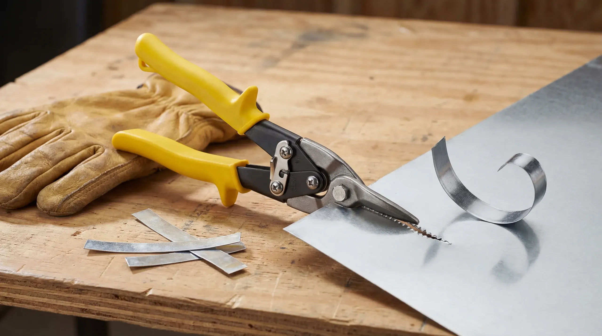 A pair of yellow-handled aviation snips cutting a piece of zinc flashing on a workbench, with cut metal offcuts and work gloves beside them