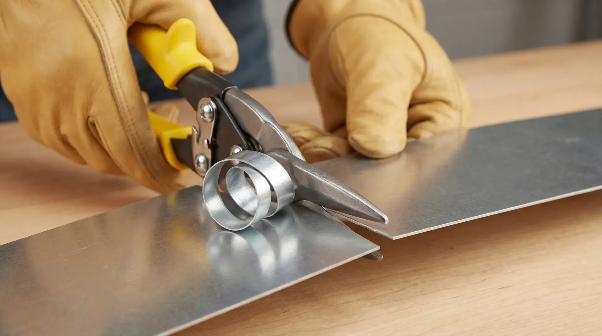 Close-up of yellow-handled aviation snips mid-cut through zinc sheet metal, showing the waste strip curling upward in a tight spiral on the left while the kept edge on the right remains flat and clean.