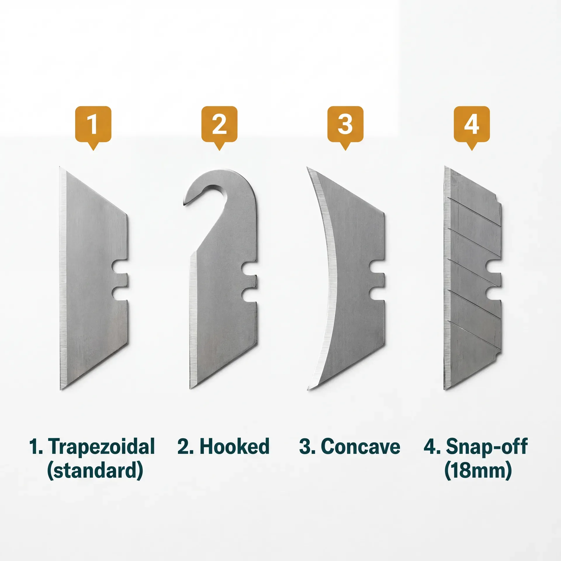 Four utility knife blade types arranged in a row on a white surface, each showing its distinctive shape: a standard trapezoidal blade, a hooked blade with curved cutting end, a concave blade with inward-curving belly, and an 18mm snap-off segmented blade with scored break lines.