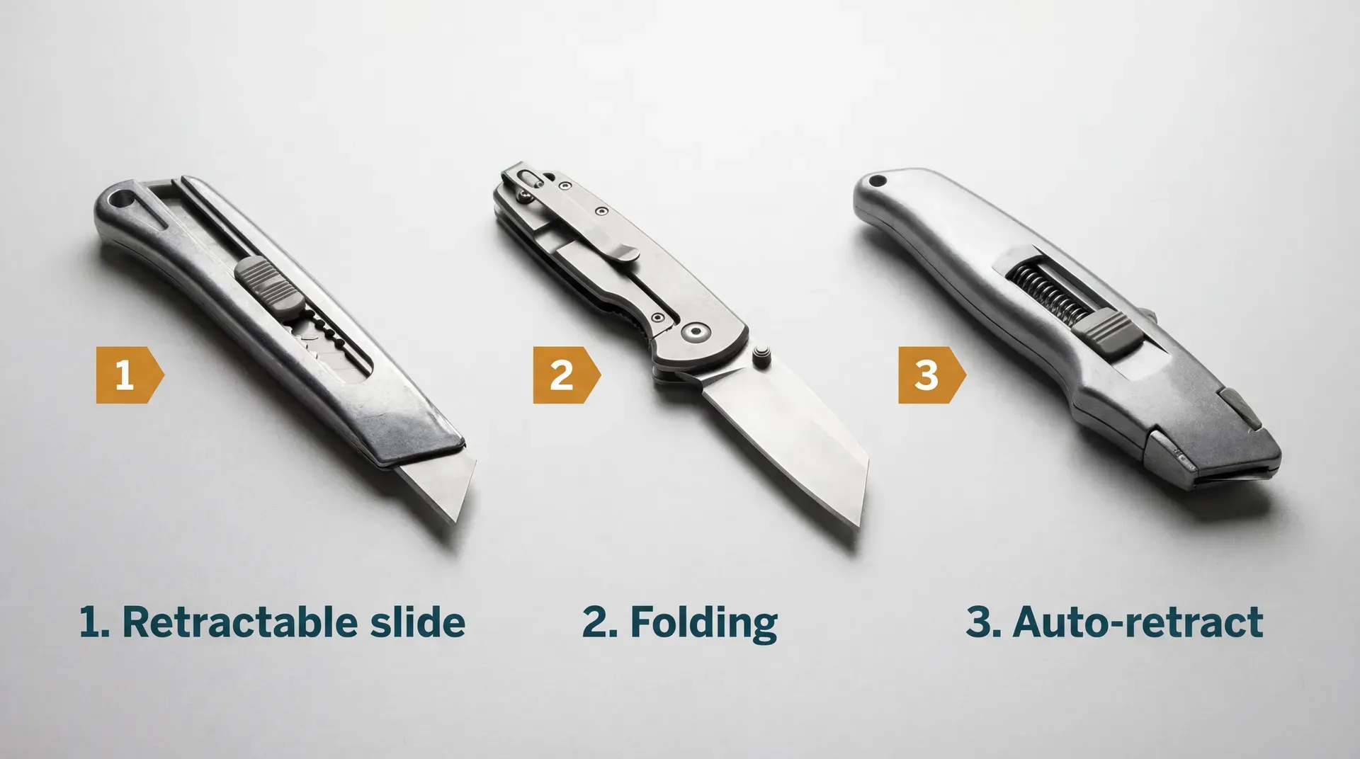 Three utility knives arranged side by side showing the three main handle designs: a classic retractable slide knife with metal body and thumb slider on the left, a folding knife with belt clip and blade locked open in the centre, and an auto-retract safety knife with spring-loaded trigger on the right.