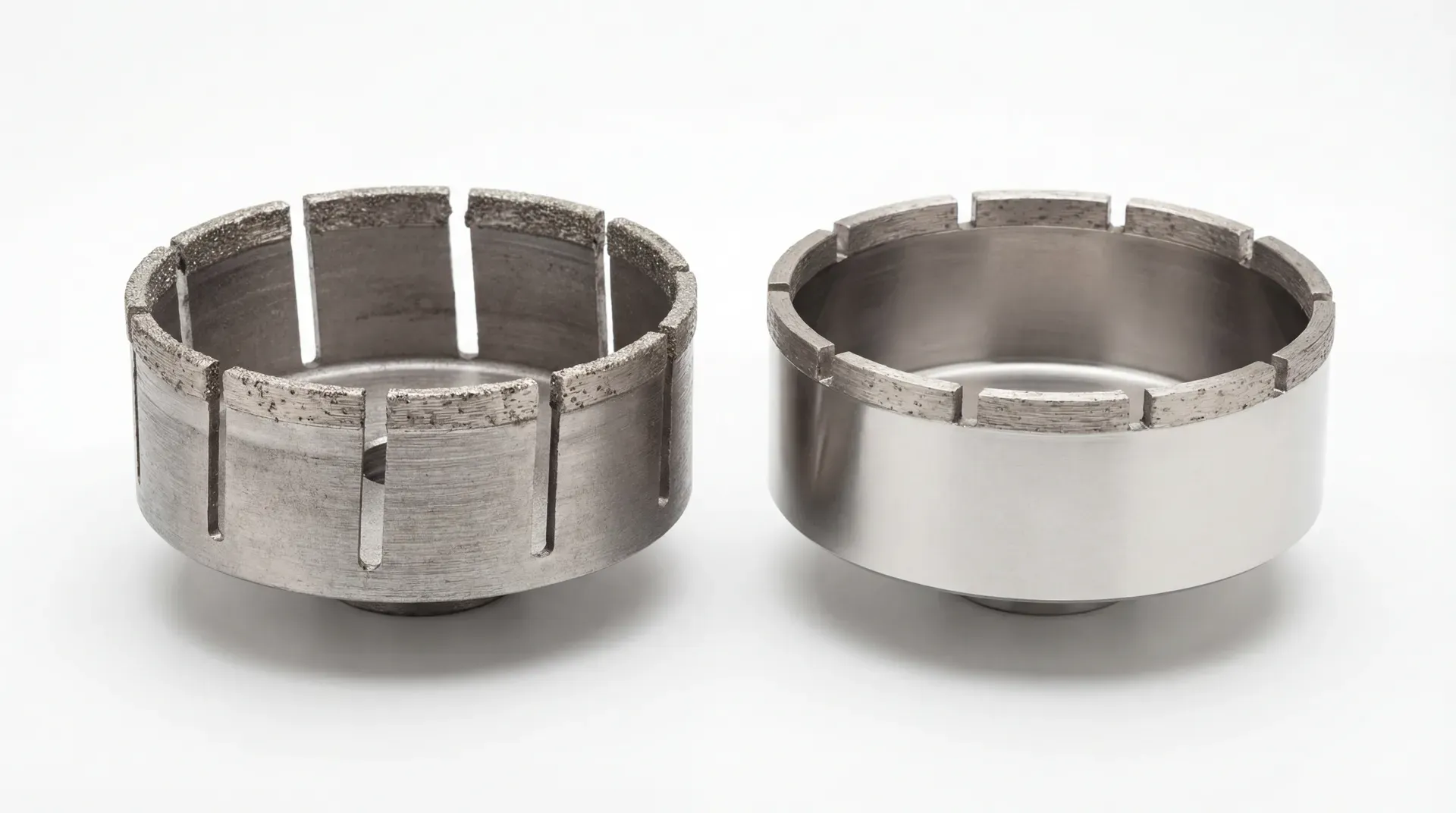 Two diamond core bits side by side: a slotted dry-use bit on the left and an unslotted wet-use bit on the right, both approximately 127mm diameter showing diamond segments on the cutting edge