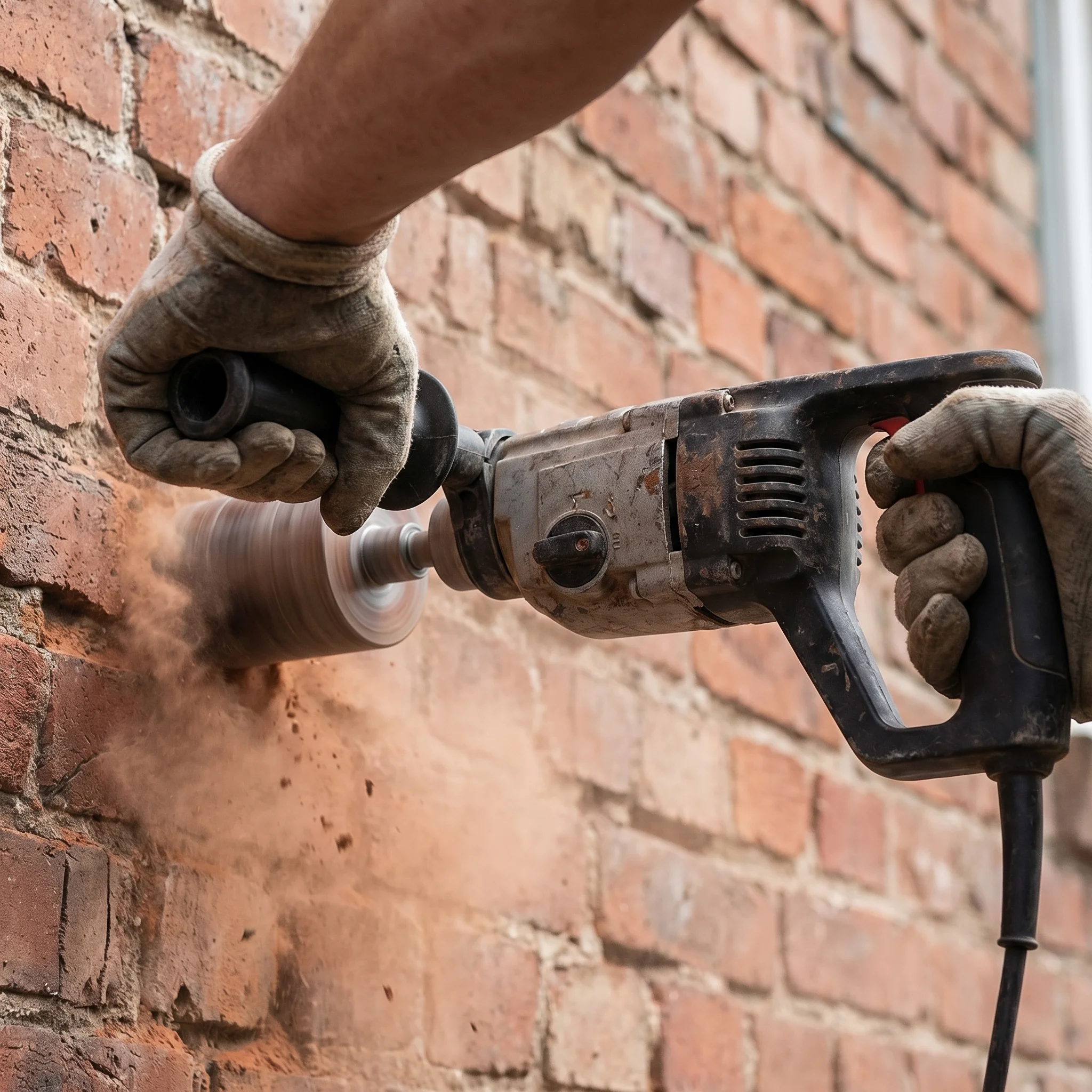 Close-up of a diamond core bit beginning to cut into a red brick wall, with the pilot drill centred in the masonry, brick dust forming around the cutting edge, and a tape depth marker on the barrel