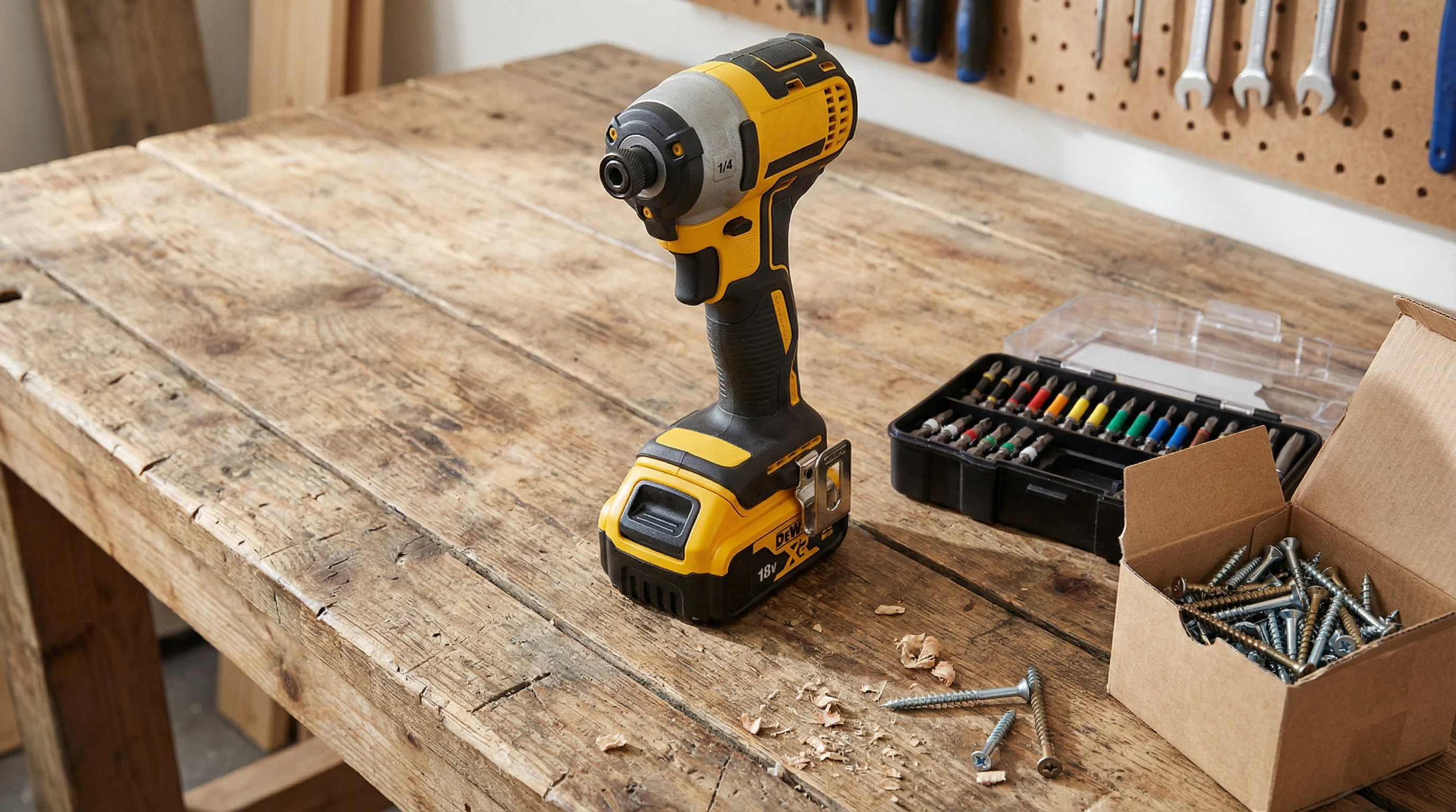 A cordless 18V impact driver with a 1/4-inch hex chuck standing upright on a timber workbench beside a set of impact-rated screwdriver bits and a box of 75mm wood screws