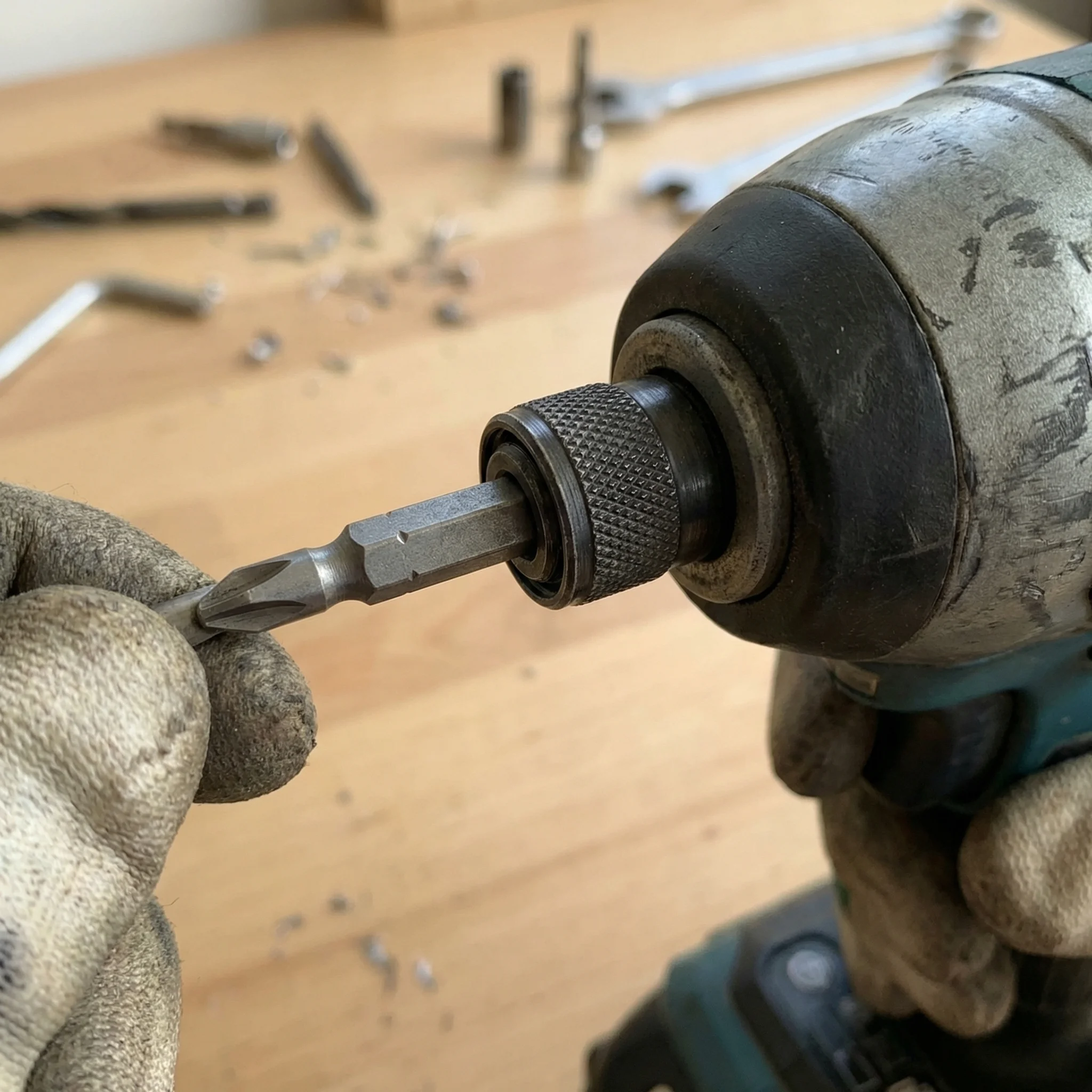 Close-up of a 1/4-inch hex collet on an impact driver with the collet ring pulled back and an impact-rated bit half-inserted, showing the dark torsion zone