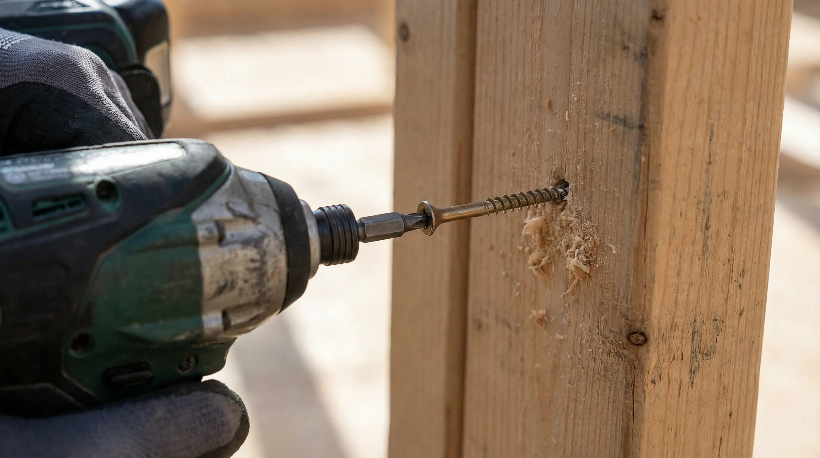 A cordless impact driver being used to drive a long wood screw into a softwood stud wall frame, with sawdust around the screw entry point