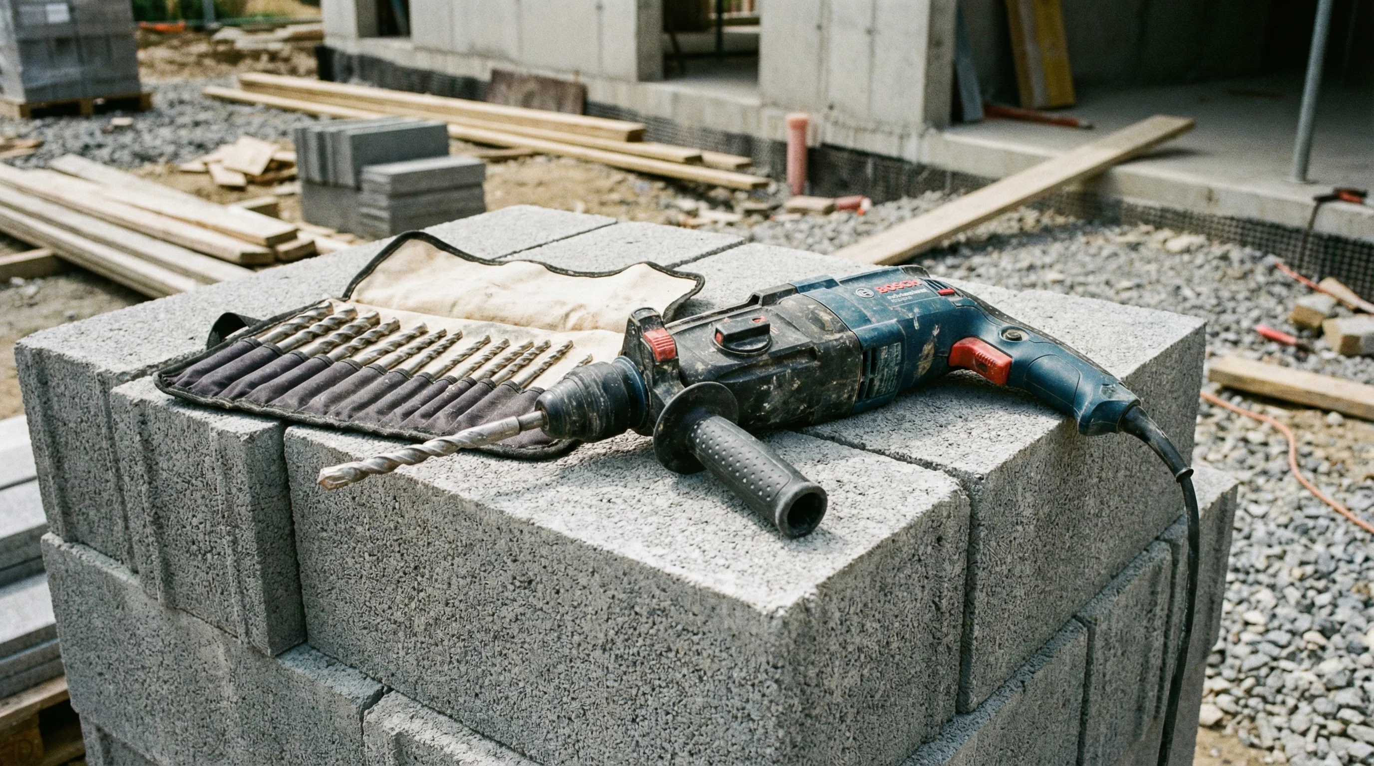 A corded SDS+ drill with a masonry bit fitted, resting on a stack of dense concrete blocks beside a set of SDS drill bits on a construction site