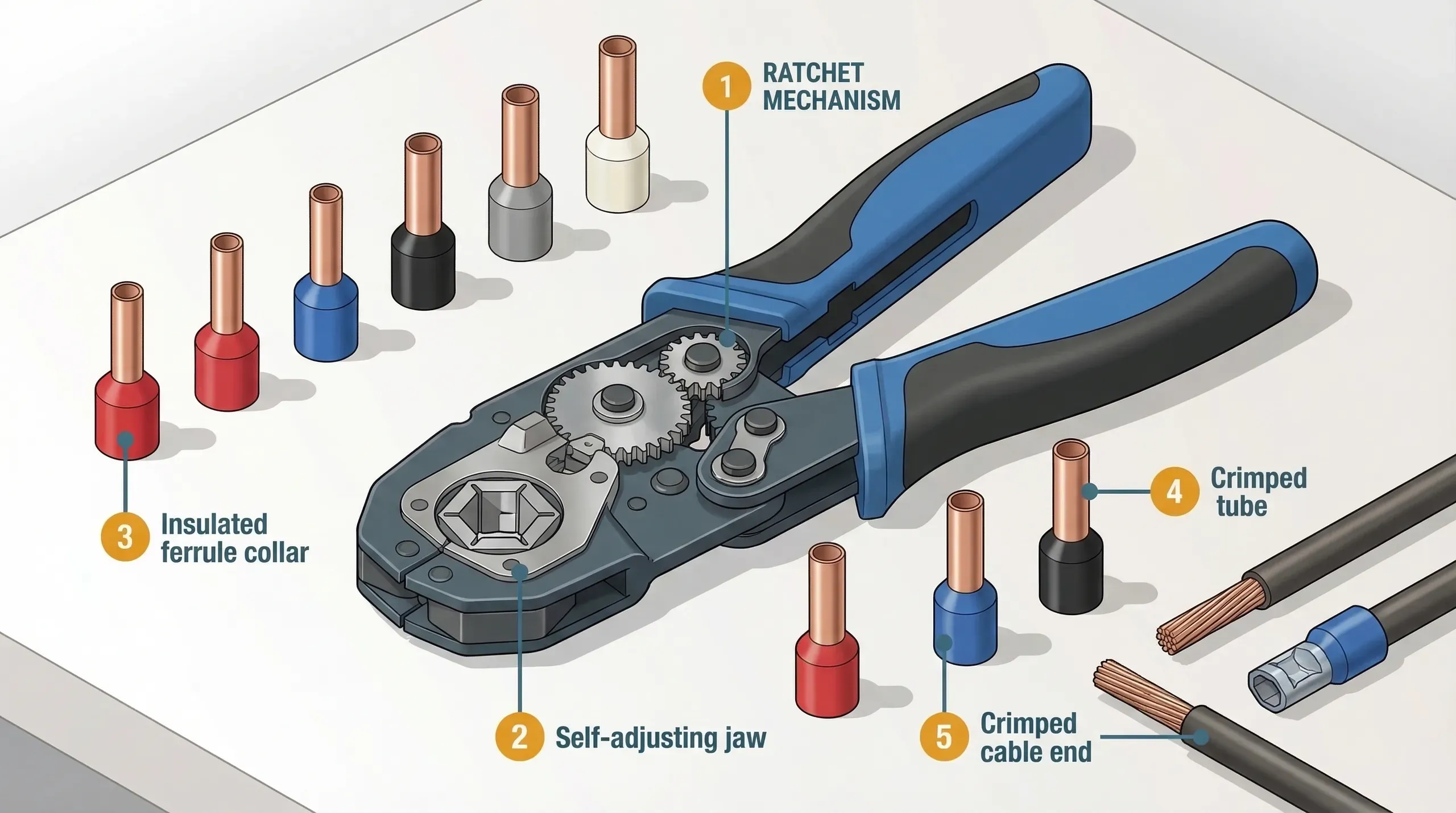 A self-adjusting ratchet crimping tool with bootlace ferrules in assorted colours laid out on a workbench beside stripped cable ends
