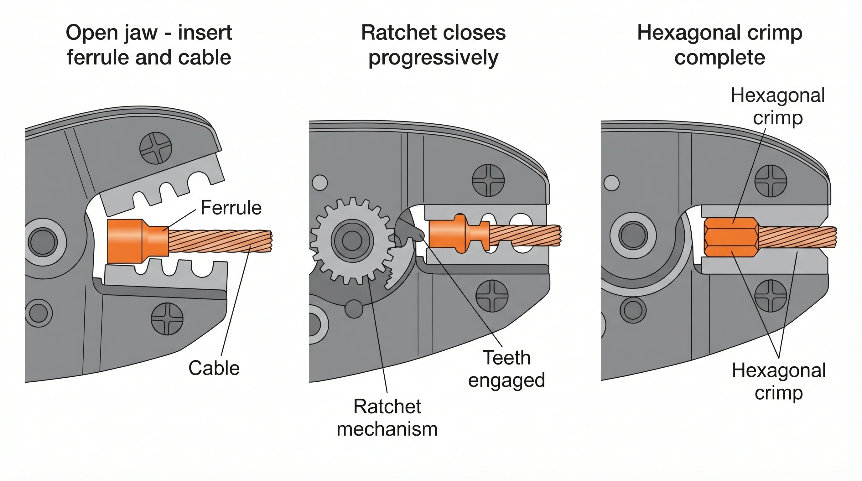 Three-stage cross-section showing how a ratchet crimping tool compresses a bootlace ferrule onto a stranded cable end: first the cable and open ferrule in the jaw, then the ratchet engaging as the jaw closes, and finally the completed hexagonal crimp profile with compacted copper strands.