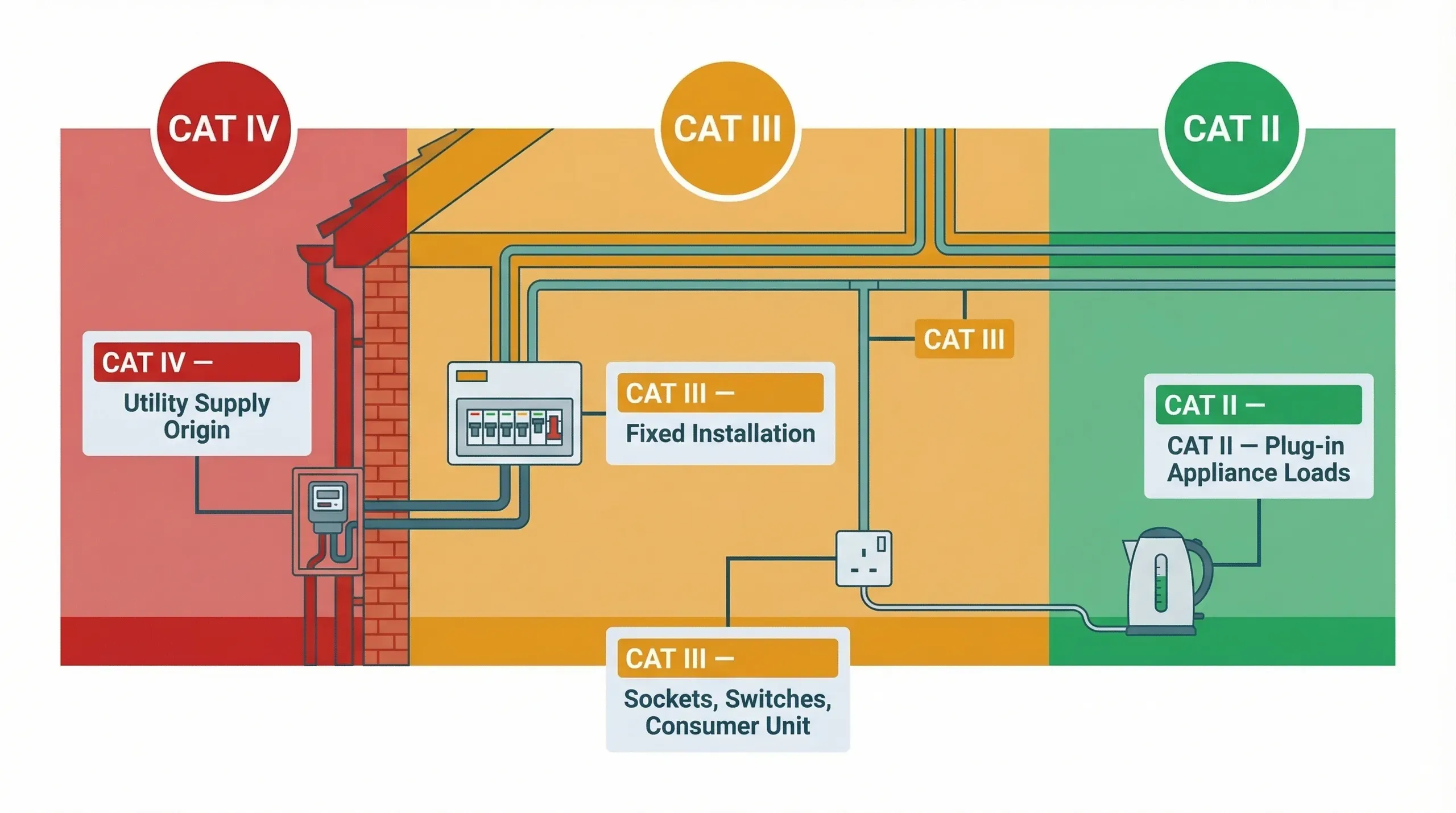 Cross-section of a UK house showing where each CAT safety rating applies. The outdoor electricity meter is labelled CAT IV, the consumer unit and fixed wiring inside the house are labelled CAT III, wall sockets are labelled CAT III, and a plug-in appliance such as a kettle is labelled CAT II. Each zone is colour-coded red for CAT IV, amber for CAT III, and green for CAT II.