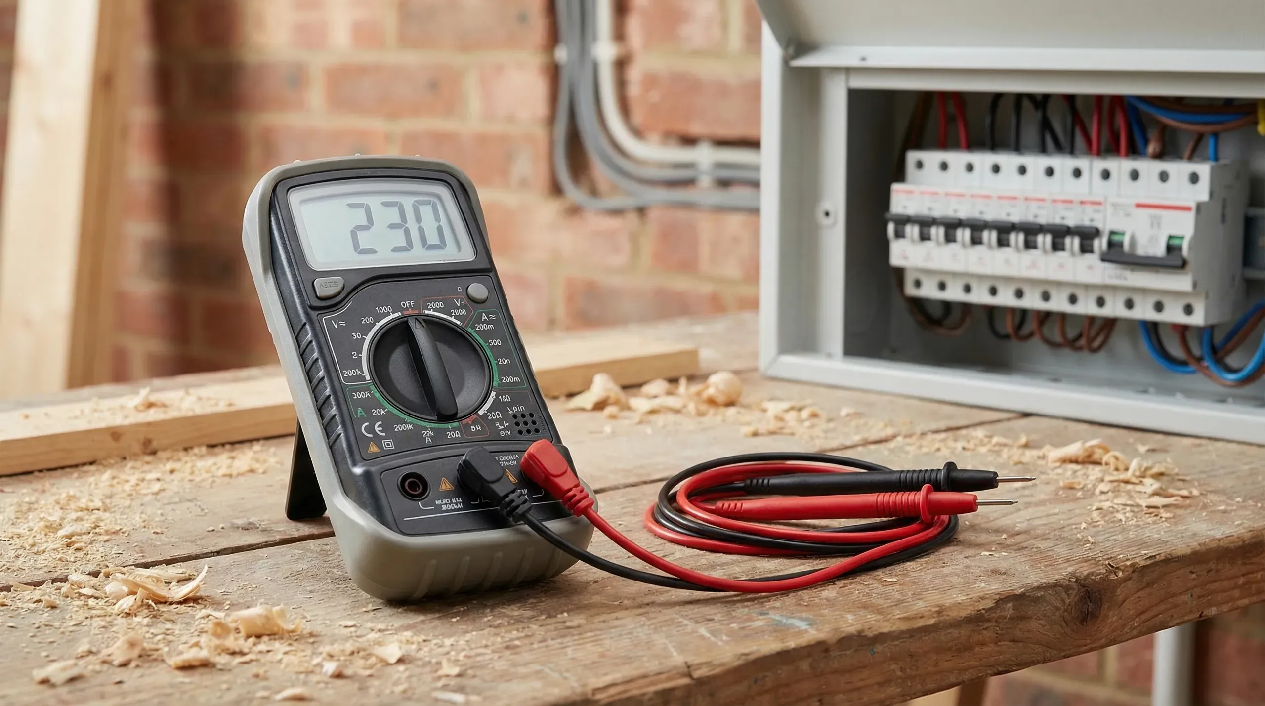 A digital multimeter with red and black test leads on a workbench next to a UK consumer unit
