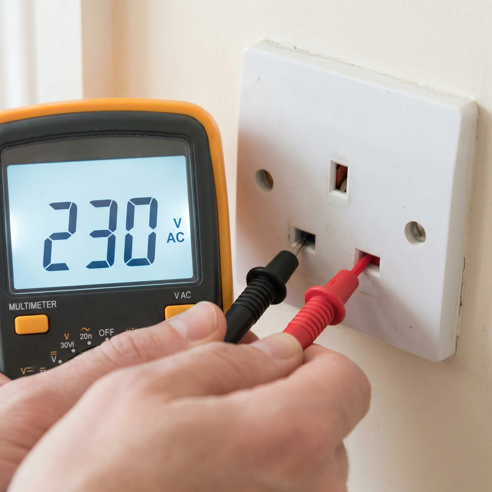 A digital multimeter with its display showing 232 volts, with the black probe inserted into the left (neutral) slot and the red probe inserted into the right (live) slot of a white UK 13A double socket mounted on a freshly plastered white wall. The test leads have short exposed probe tips and visible finger barrier guards.
