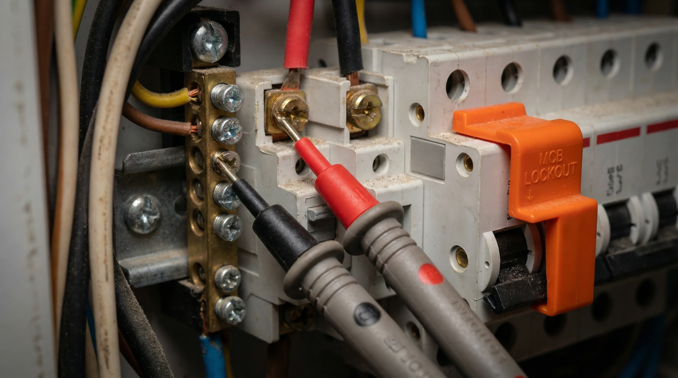 A two-pole voltage tester with probes touching terminals inside a consumer unit, with an MCB lockout device visible on the adjacent breaker