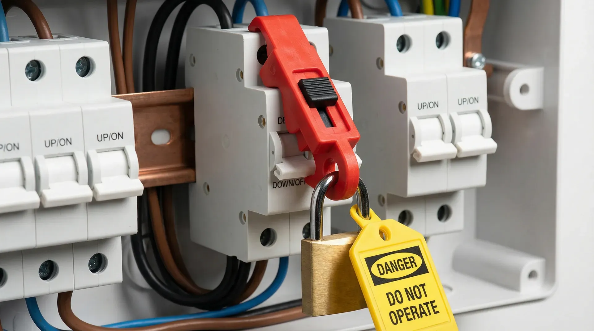 A bright red MCB lockout clip gripping a miniature circuit breaker toggle in the off position, secured with a small brass padlock. A yellow danger tag hangs from the padlock. Adjacent MCBs in the on position are visible for scale inside an open consumer unit.