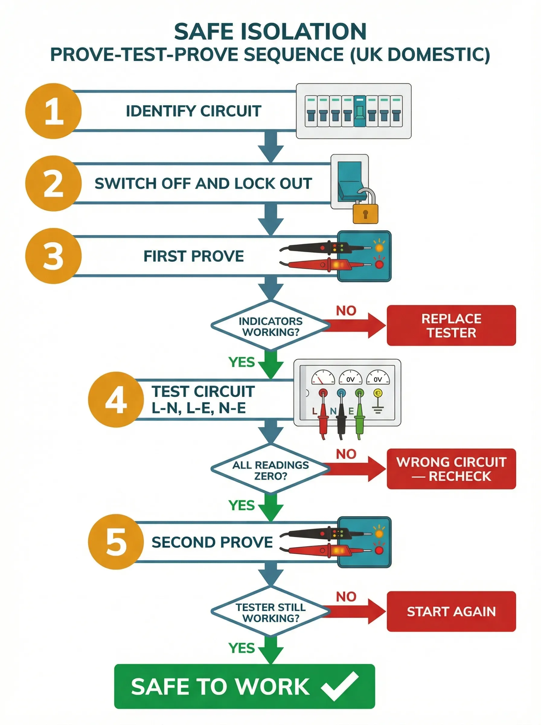 Vertical flowchart showing the six-step safe isolation prove-test-prove sequence. Steps flow top to bottom with decision diamonds asking whether the tester indicators are working and whether all circuit readings are zero, with fail paths in red leading to corrective actions and success paths in green proceeding to the final Safe to Work confirmation.