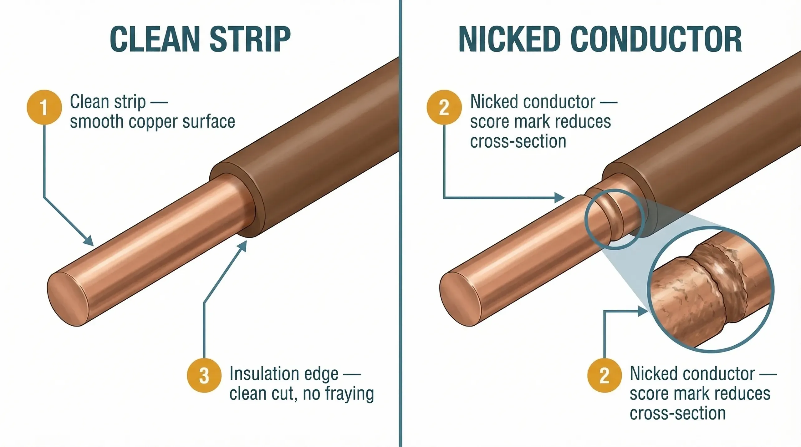 Side-by-side technical diagram comparing a correctly stripped 2.5mm copper conductor with smooth shiny copper surface versus a nicked conductor showing a circumferential score mark in the copper, with a magnified callout circle highlighting the damaged area and annotated labels identifying the clean strip, the nick, and the insulation edge.