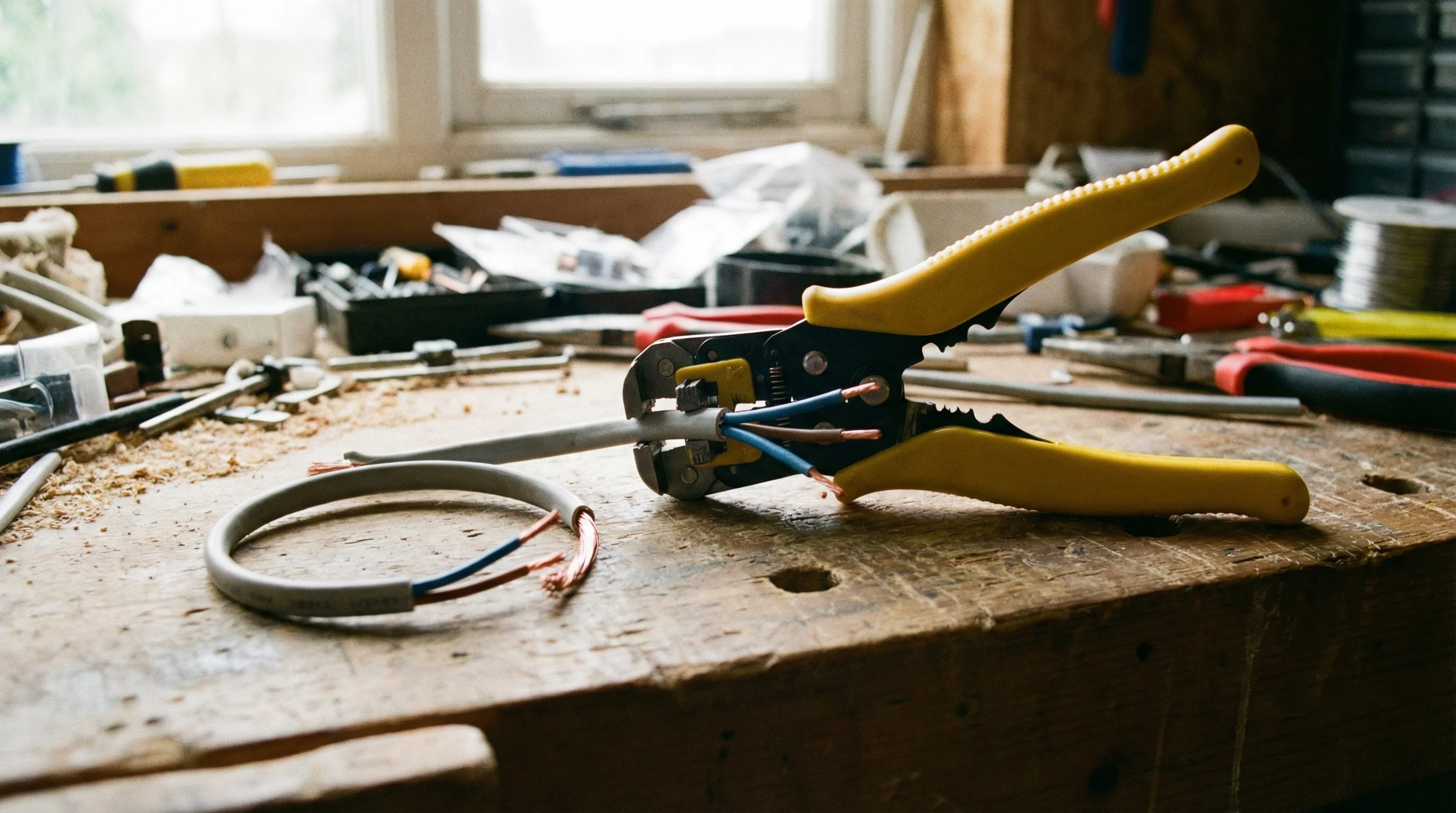 A pair of automatic wire strippers with yellow handles stripping the insulation from a length of twin-and-earth cable on a workbench, with stripped cable ends and green-yellow earth sleeving visible