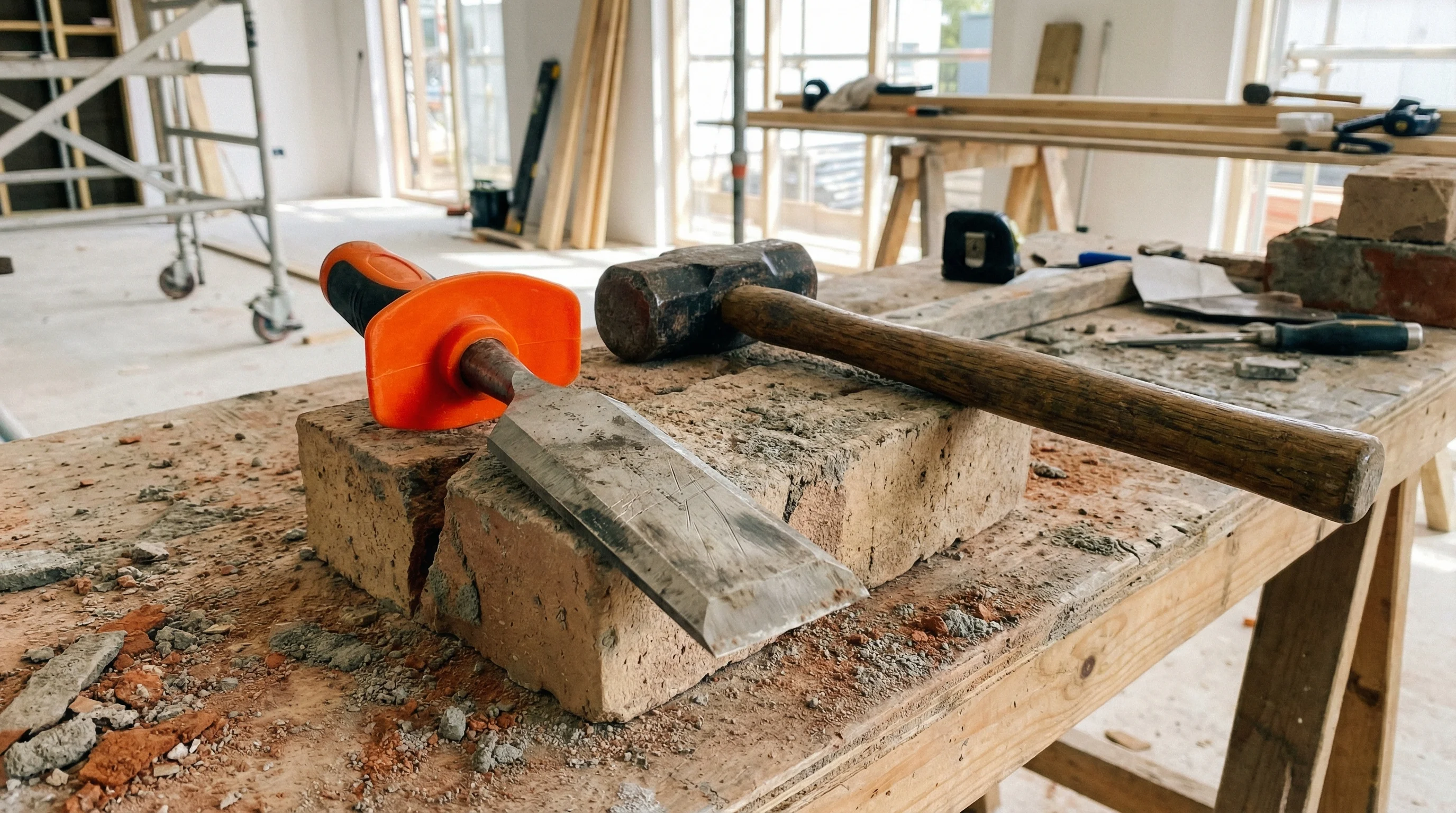 A guarded bolster chisel and club hammer resting on a split brick on a construction site workbench