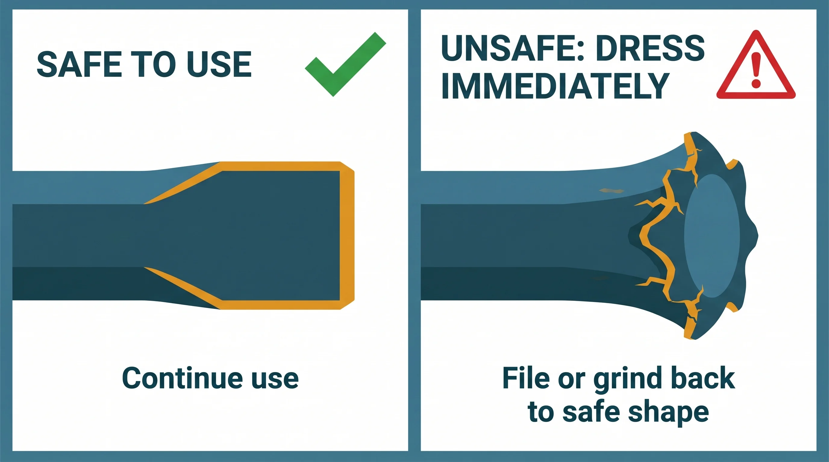 Two-panel comparison diagram showing a bolster chisel striking head: left panel labelled 'Safe to use' shows a clean hexagonal head with flat striking face and sharp defined edges at the original diameter; right panel labelled 'Unsafe: dress immediately' shows a mushroomed head with flared edges spread beyond the original diameter, star-shaped deformation from repeated impacts, and visible metal slivers.