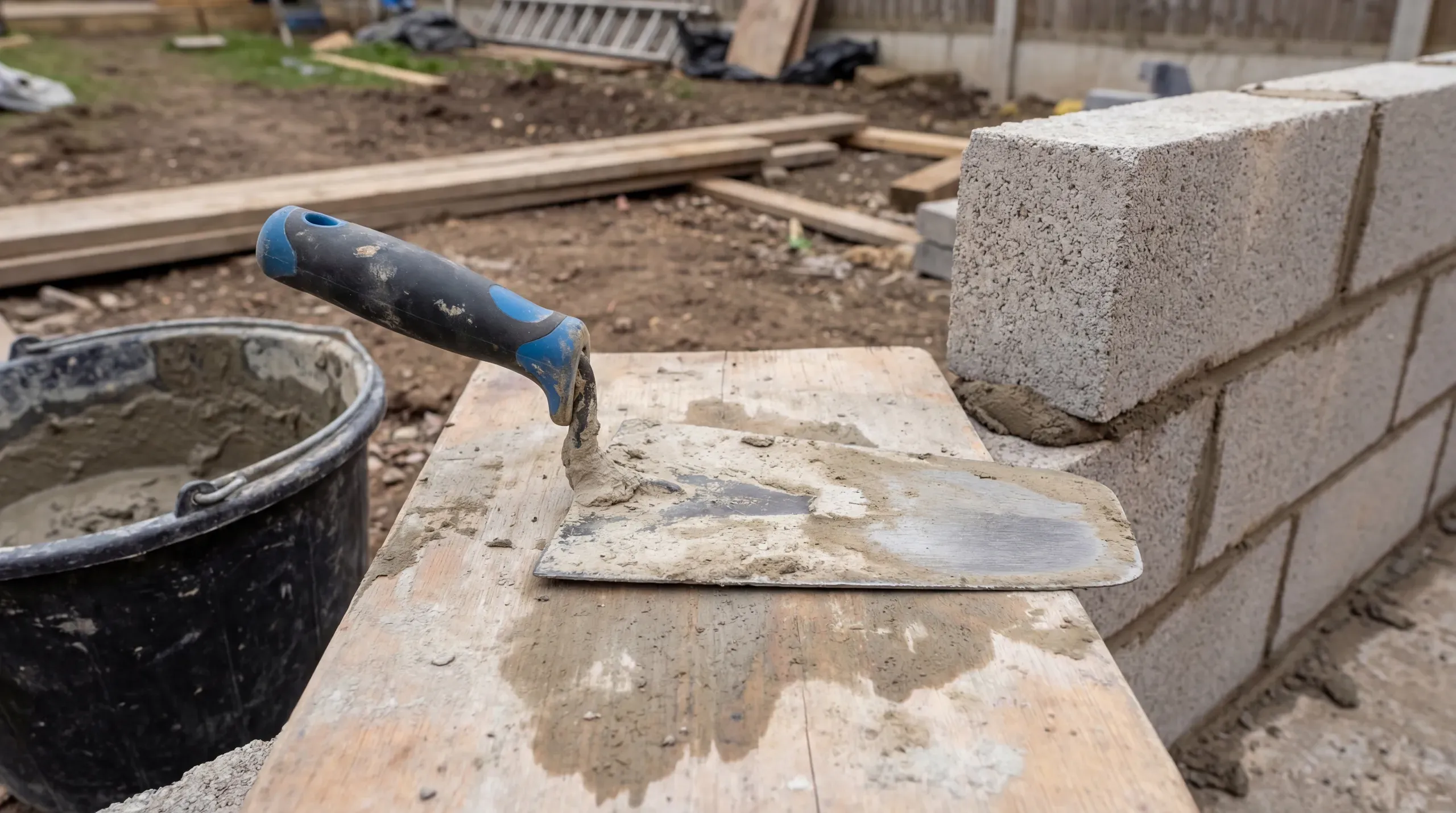 A Philadelphia-pattern brick trowel resting on a mortar board alongside a bed of freshly laid concrete blocks