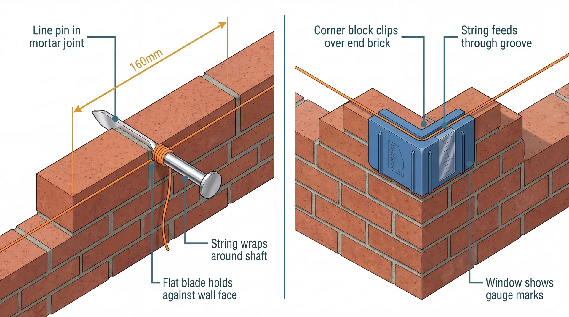 Side-by-side technical diagram comparing a steel line pin pushed into a mortar joint on the left with an L-shaped plastic corner block clipped over a corner brick on the right, both with orange builder's line attached and annotated with key features.
