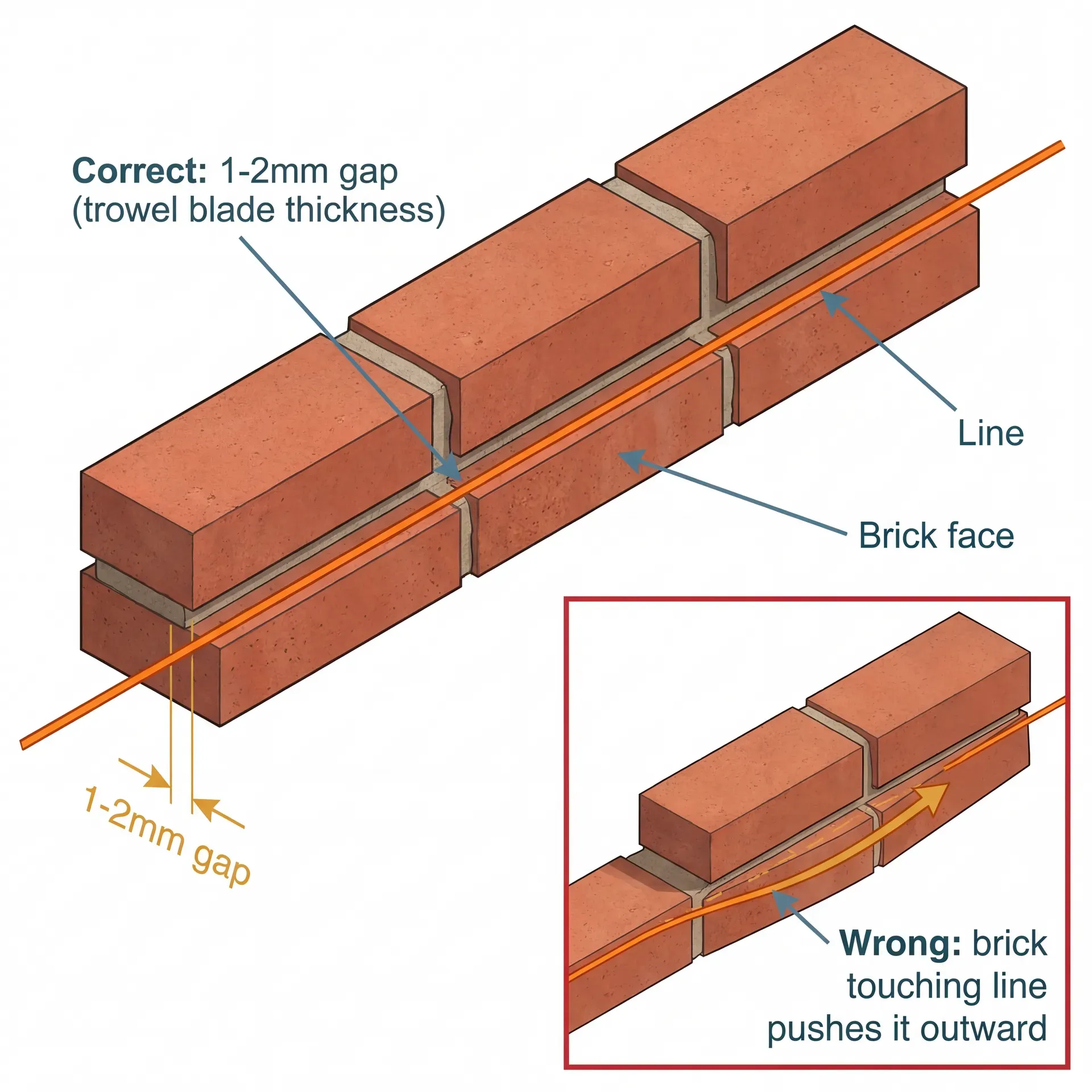 Technical diagram viewed from above showing three bricks laid in a row with a builder's line running parallel, highlighting the correct 1-2mm gap between brick face and line, plus an inset showing how a brick touching the line pushes it outward and bows the wall.