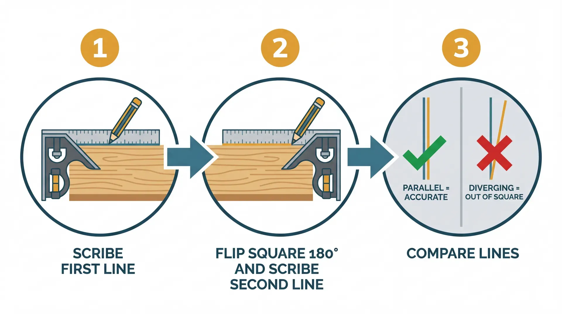 Three-step infographic showing the flip test for checking a combination square: step one scribes a line along the rule, step two flips the square 180 degrees and scribes a second line, step three compares the two lines - parallel means accurate, diverging means the square is out of true.