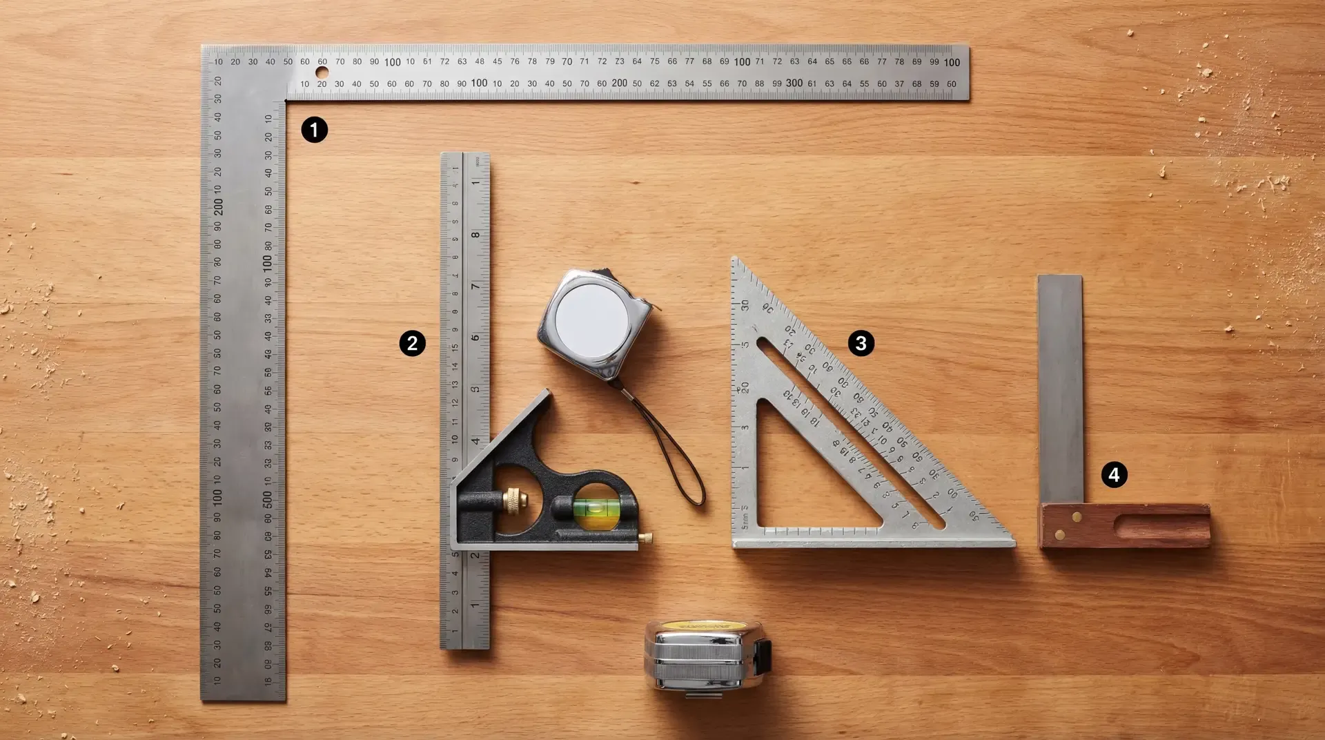Four types of builder's square arranged on a timber workbench: a large steel framing square, a combination square with sliding rule and spirit bubble, a compact triangular aluminium speed square, and a small try square with wooden stock, each numbered for identification with a tape measure for scale.