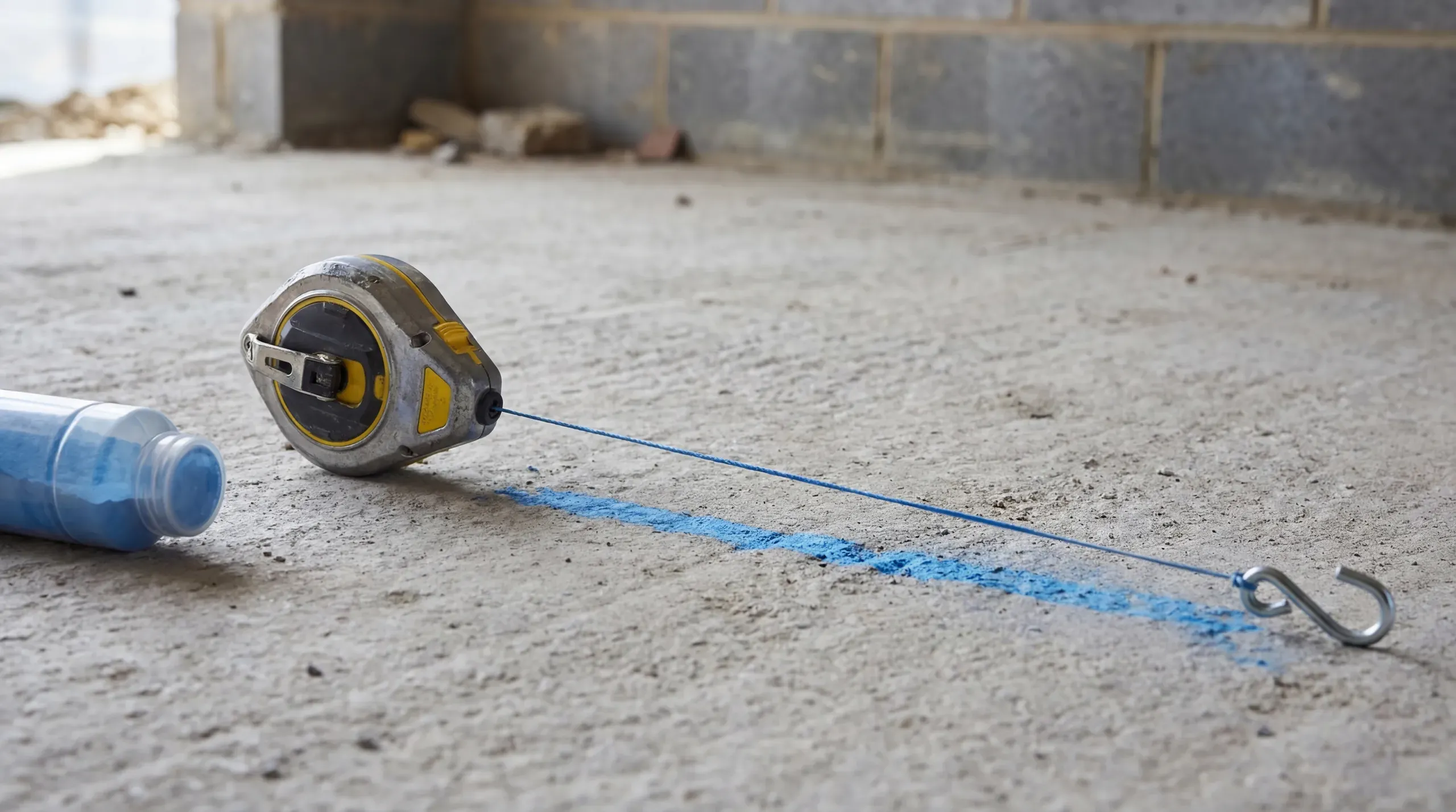 A chalk line reel with its string extended across a concrete floor, showing a freshly snapped blue chalk mark alongside the reel housing and a bottle of blue chalk powder