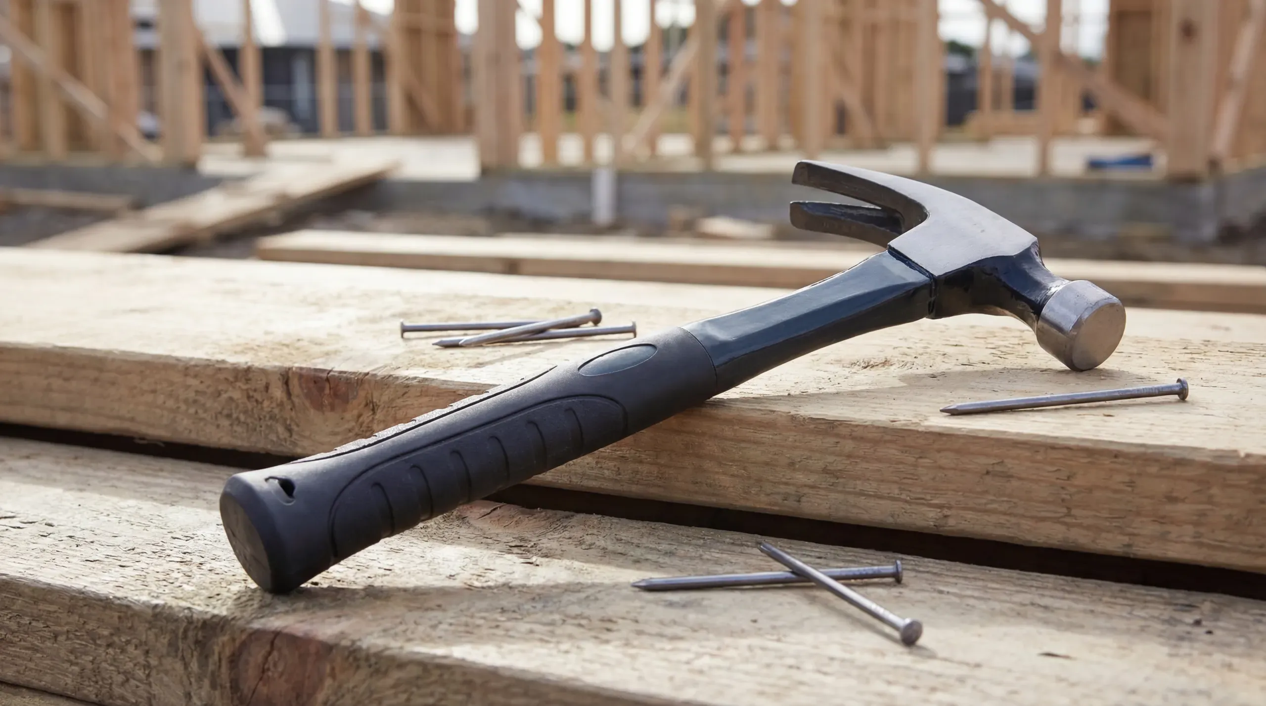 A 20oz claw hammer with a fibreglass handle resting on rough-sawn timber beside a box of 75mm round wire nails on a construction site