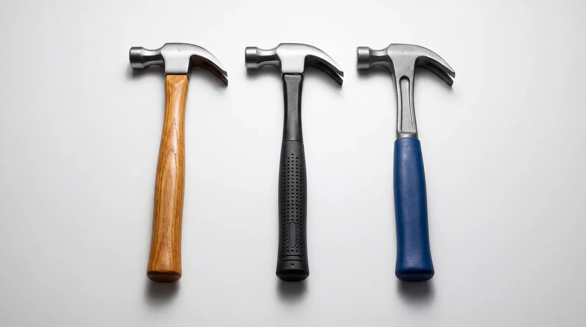 Three 20oz claw hammers side by side on a white surface, showing a hickory wooden handle, a black fibreglass handle with rubber grip, and a one-piece forged steel handle with blue vinyl grip.