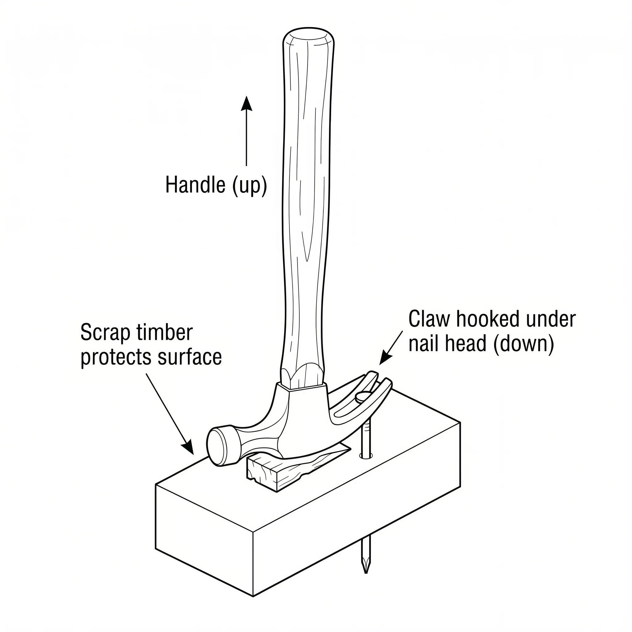 Isometric technical diagram showing a claw hammer pulling a nail from a timber board, with a scrap timber offcut placed under the hammer head for extra prying force and surface protection. Three numbered annotations highlight the claw grip, protective offcut, and rocking motion.