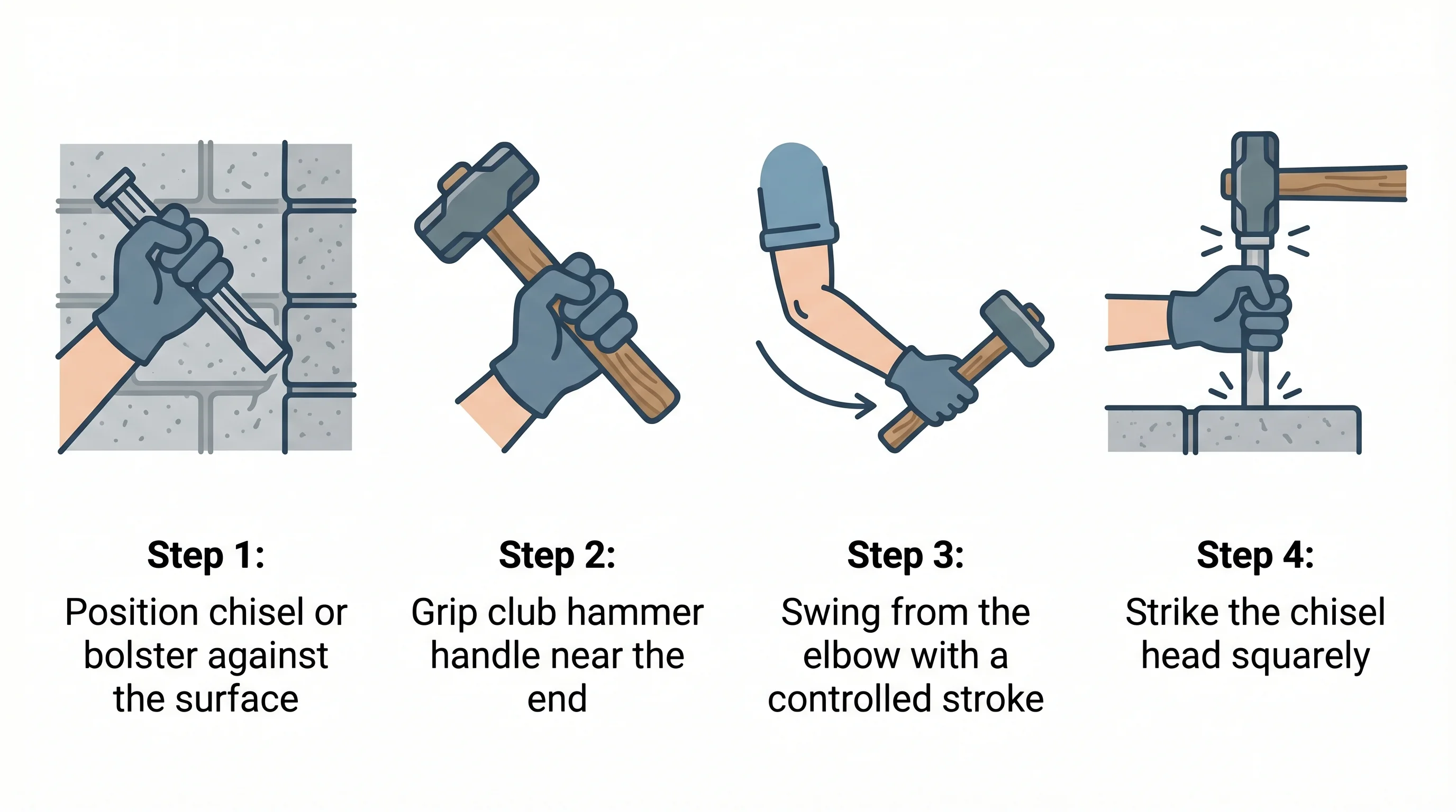Four-step infographic showing correct club hammer striking technique: positioning the bolster chisel on the score line, gripping the hammer at the end of the handle, swinging from the elbow with a firm wrist, and striking the centre of the chisel head.