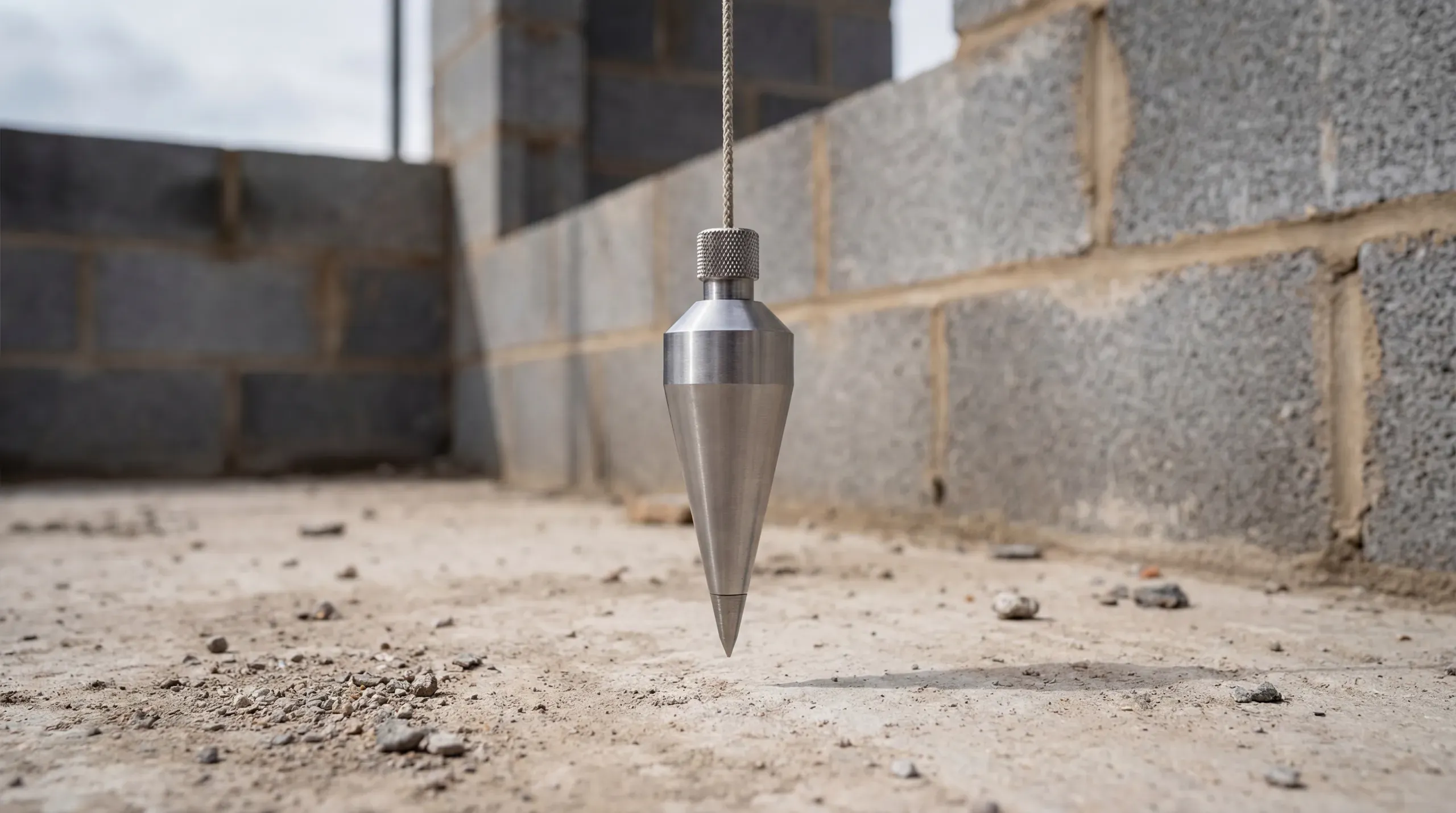 A brass plumb bob hanging on a braided nylon line against a blockwork wall, with the pointed tip suspended just above a concrete floor