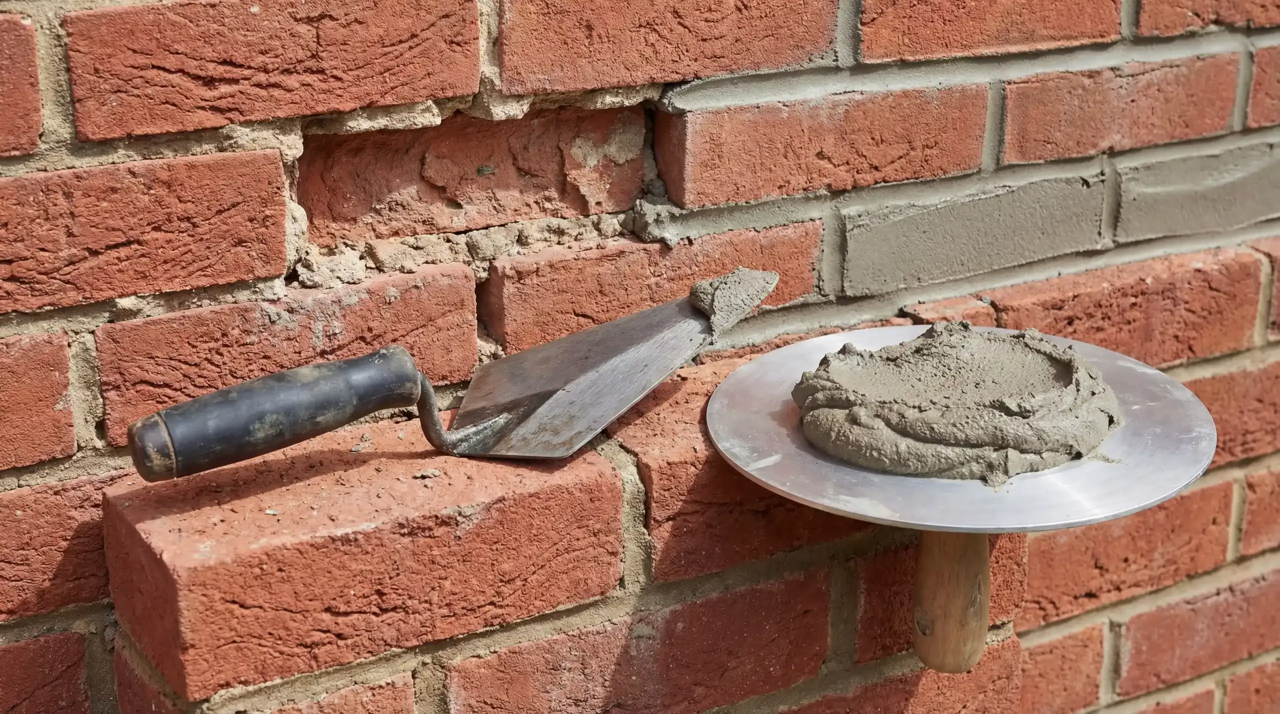 A 6-inch pointing trowel with a soft-grip handle resting on a brick wall next to a hawk loaded with fresh mortar