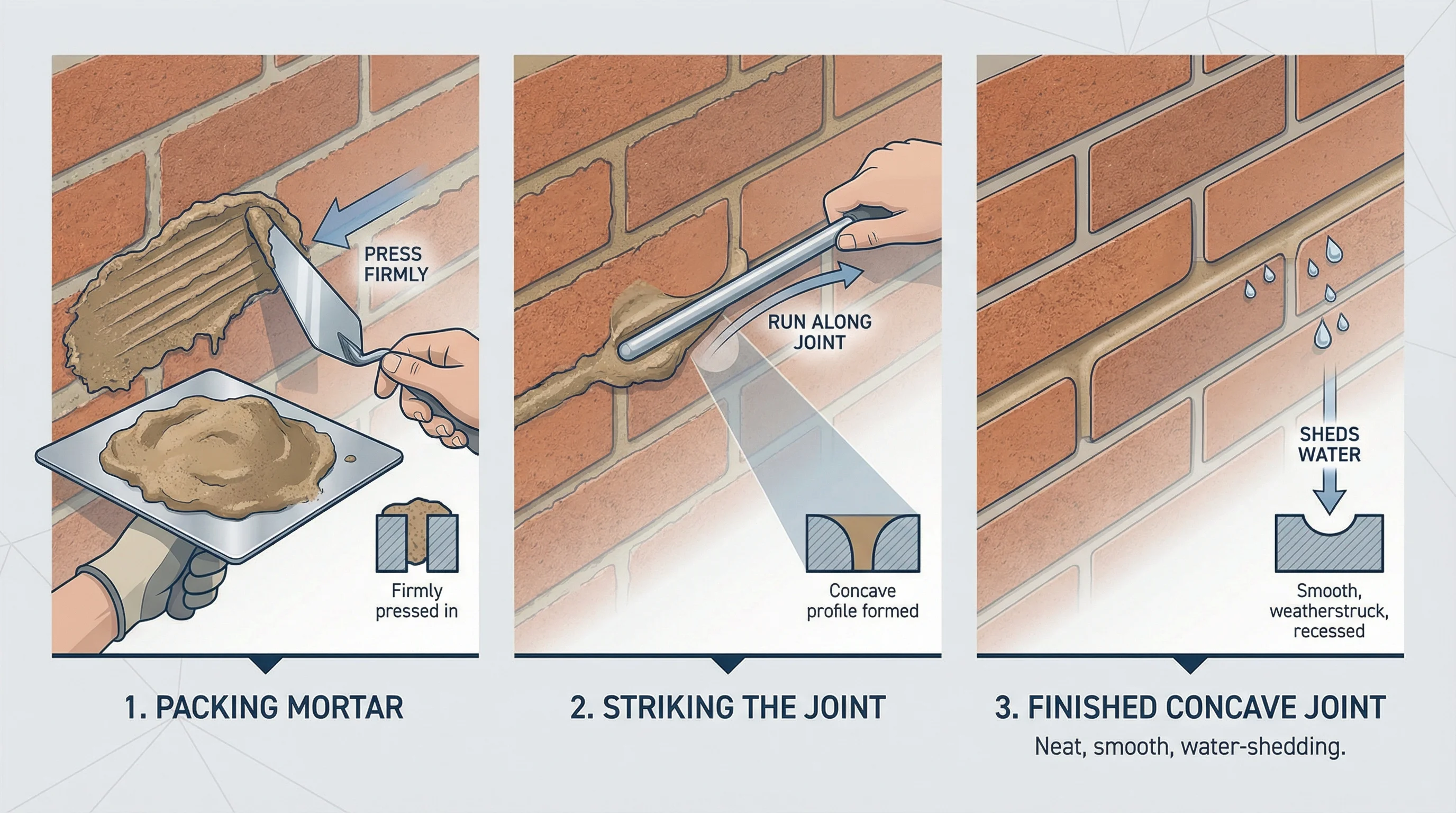 Three-step infographic showing the mortar joint pointing process: step 1 packing mortar into the joint with a trowel and hawk, step 2 testing readiness with a thumb press after 20-30 minutes, step 3 finishing with a curved jointer in one smooth pass to create a concave bucket-handle profile.