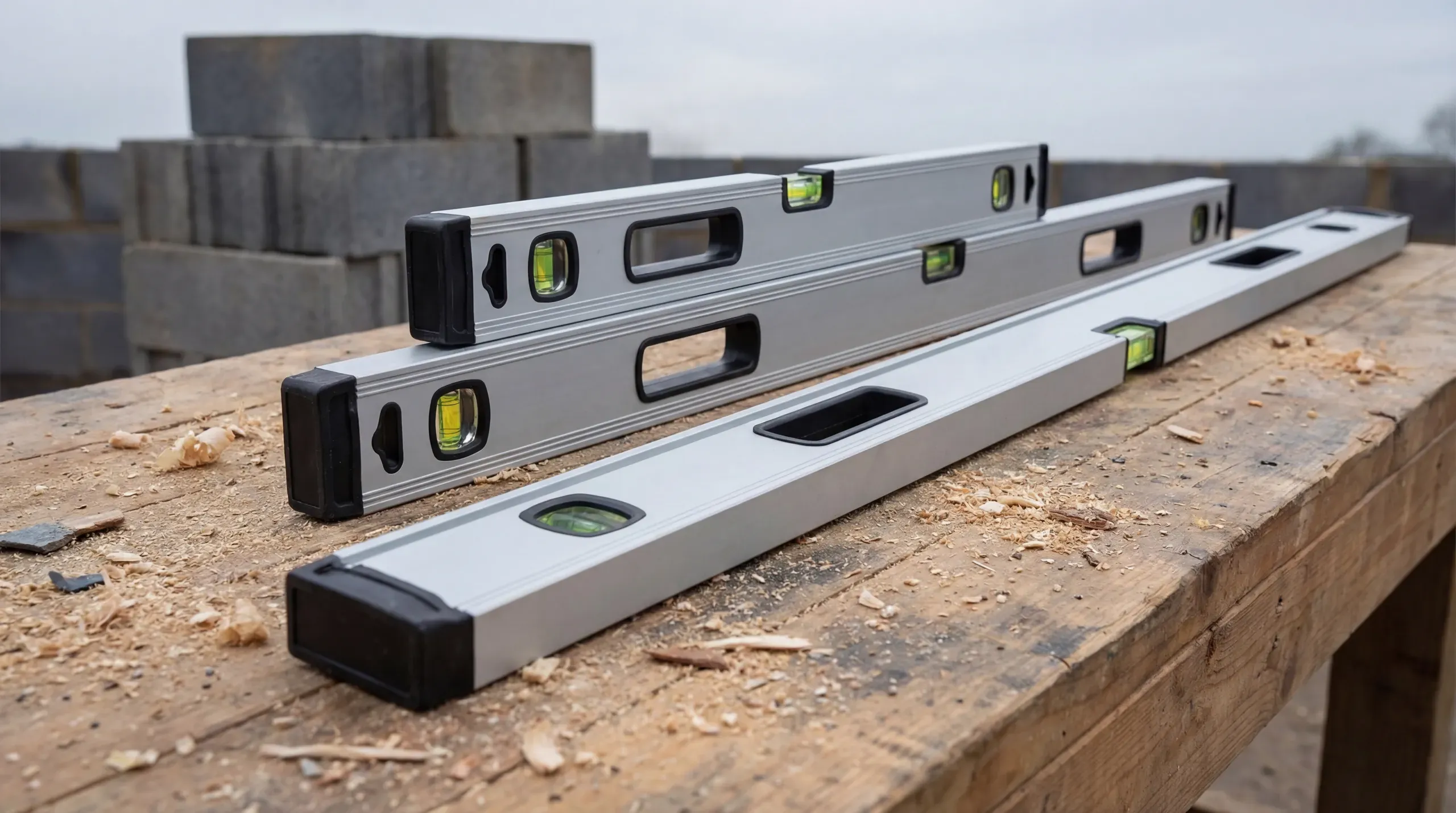 Three spirit levels in 600mm, 1200mm, and 1800mm sizes laid out on a construction workbench alongside blockwork