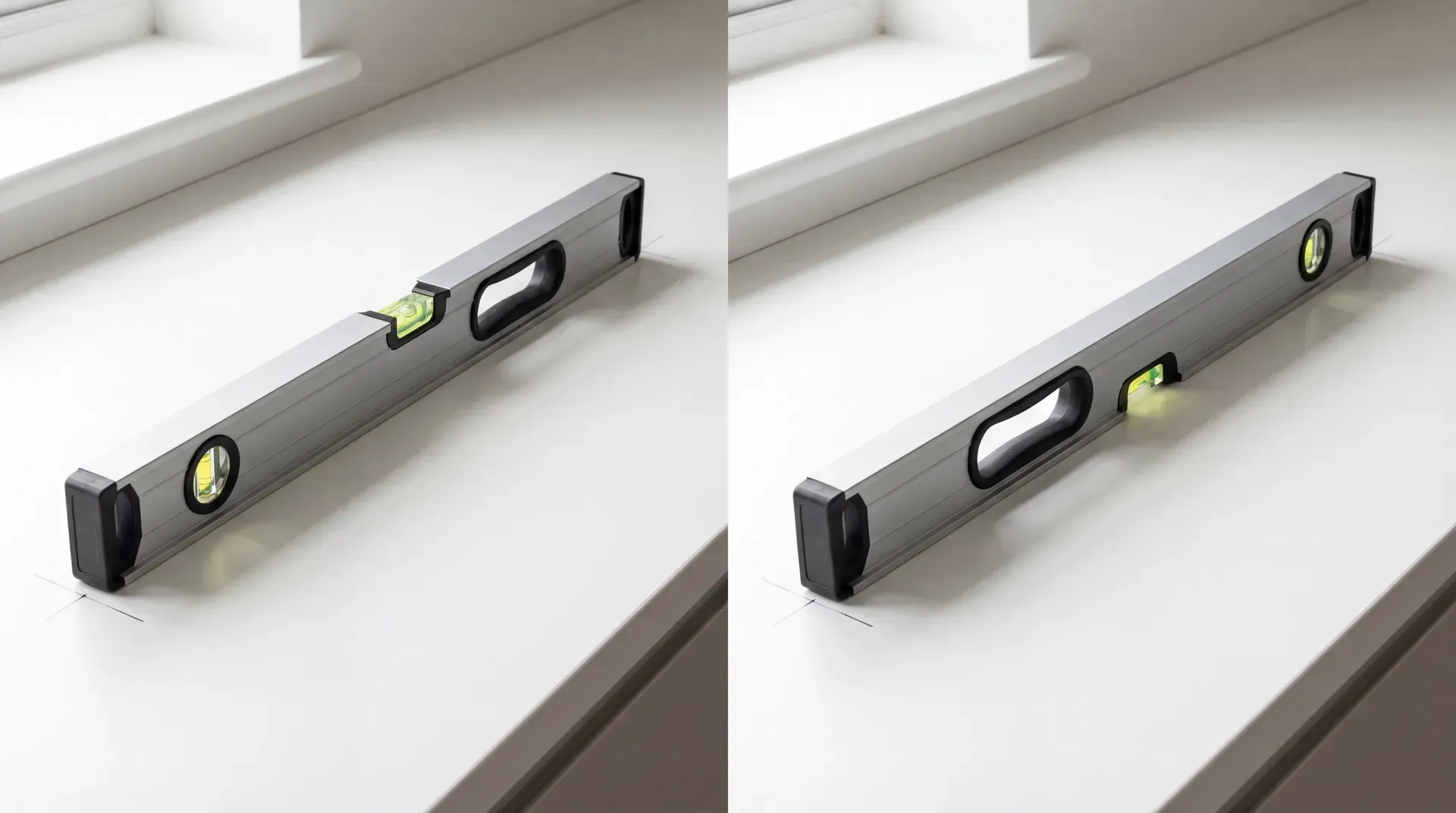 Side-by-side comparison of a spirit level placed in its original position on a kitchen worktop (left) and then rotated 180 degrees end-for-end on the same pencil marks (right), demonstrating the flip test method for checking accuracy.