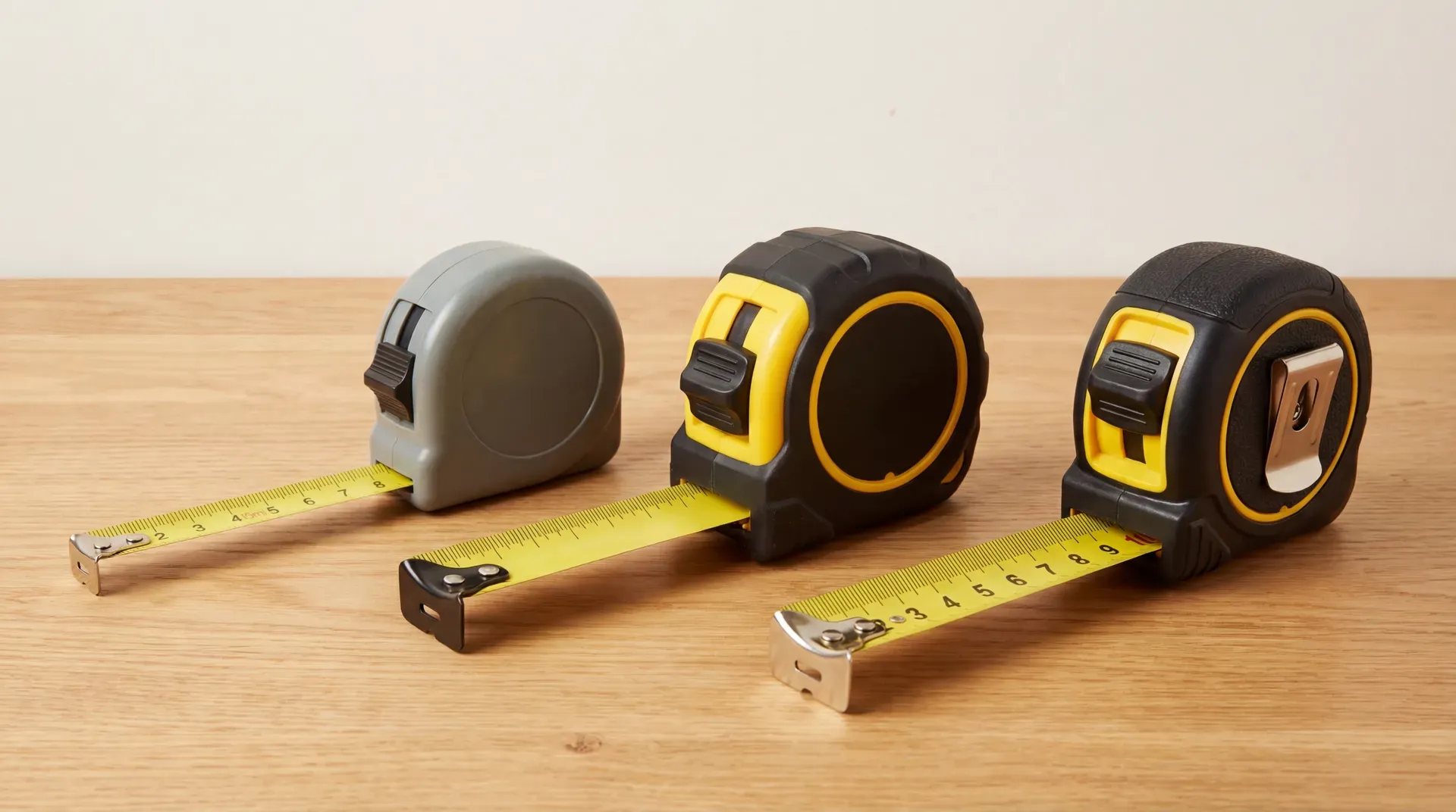 Three tape measures arranged left to right on a workbench showing budget, mid-range, and pro tiers. The budget tape on the left has a narrow blade and simple housing. The mid-range tape in the centre has a wide 32mm yellow blade extended to show its greater rigidity. The pro tape on the right has a refined housing with a belt clip and crisp metric graduations.