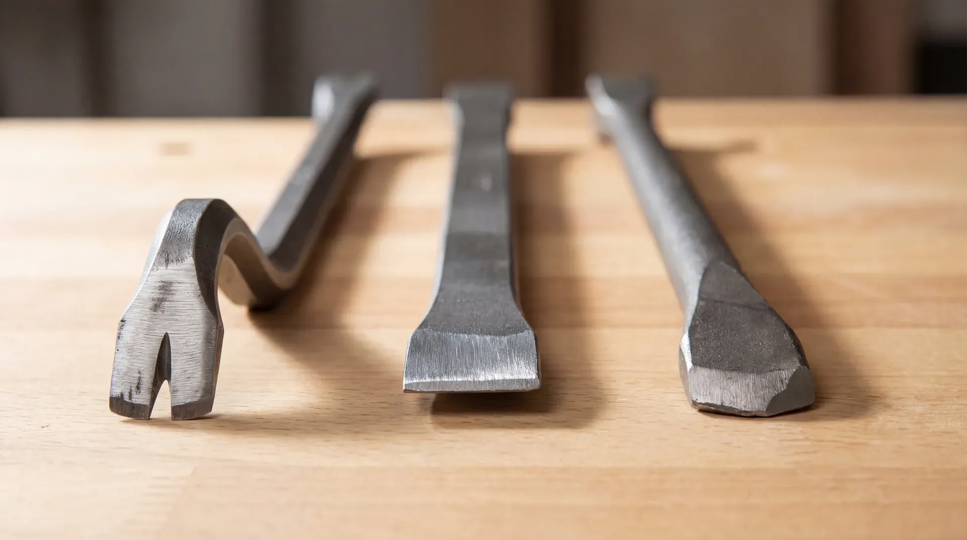 Close-up comparison of three wrecking bar working ends side by side: a traditional hexagonal-shaft swan-neck claw, a flat utility bar chisel end, and a Gorilla bar oval-shaft bevelled claw, showing the difference between properly ground tips and unfinished edges.