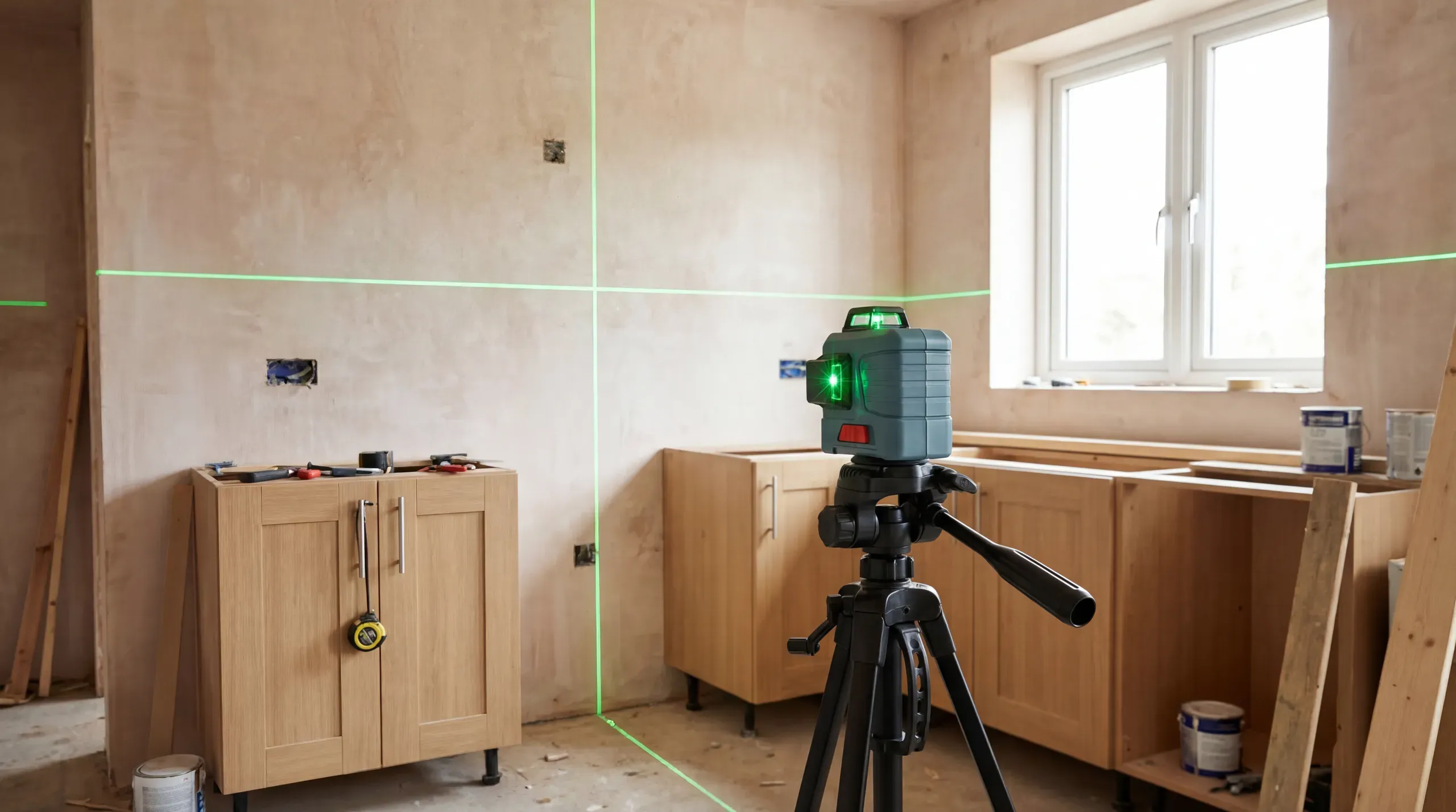 A green cross-line laser level projecting horizontal and vertical lines onto a bare plaster wall in a kitchen extension, with the unit mounted on a compact tripod