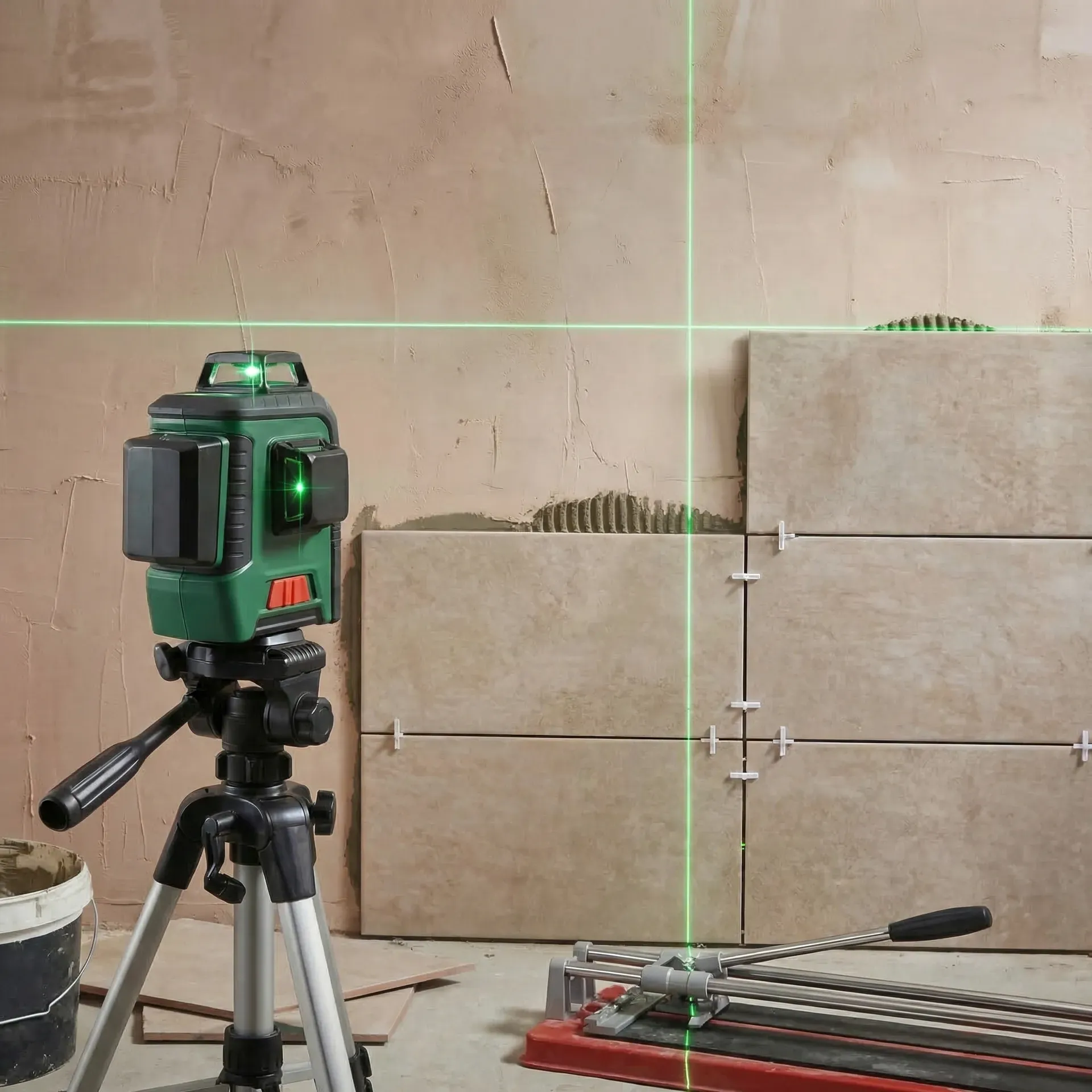 A green cross-line laser level on a tripod projecting bright green horizontal and vertical lines onto a plaster wall, with a tiler holding a ceramic tile against the wall aligned precisely to the horizontal laser line. Several tiles are already fixed below the laser line with tile spacers between them, showing the tiling process in progress.