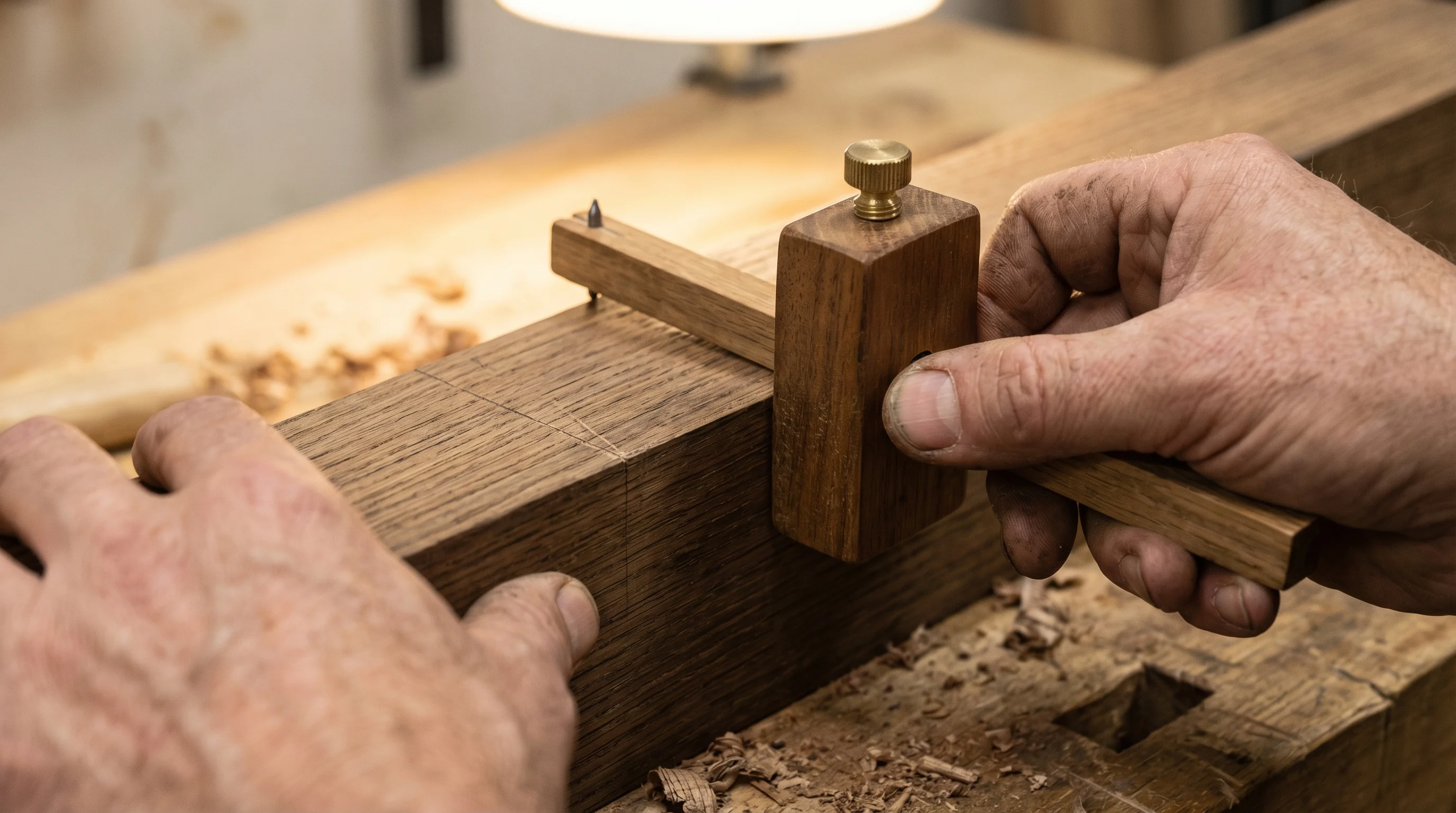 Hands demonstrating how to use a marking gauge to scribe a line on a piece of timber, with the fence pressed flat against the timber edge and the pin trailing along the wood surface leaving a visible scribed line.