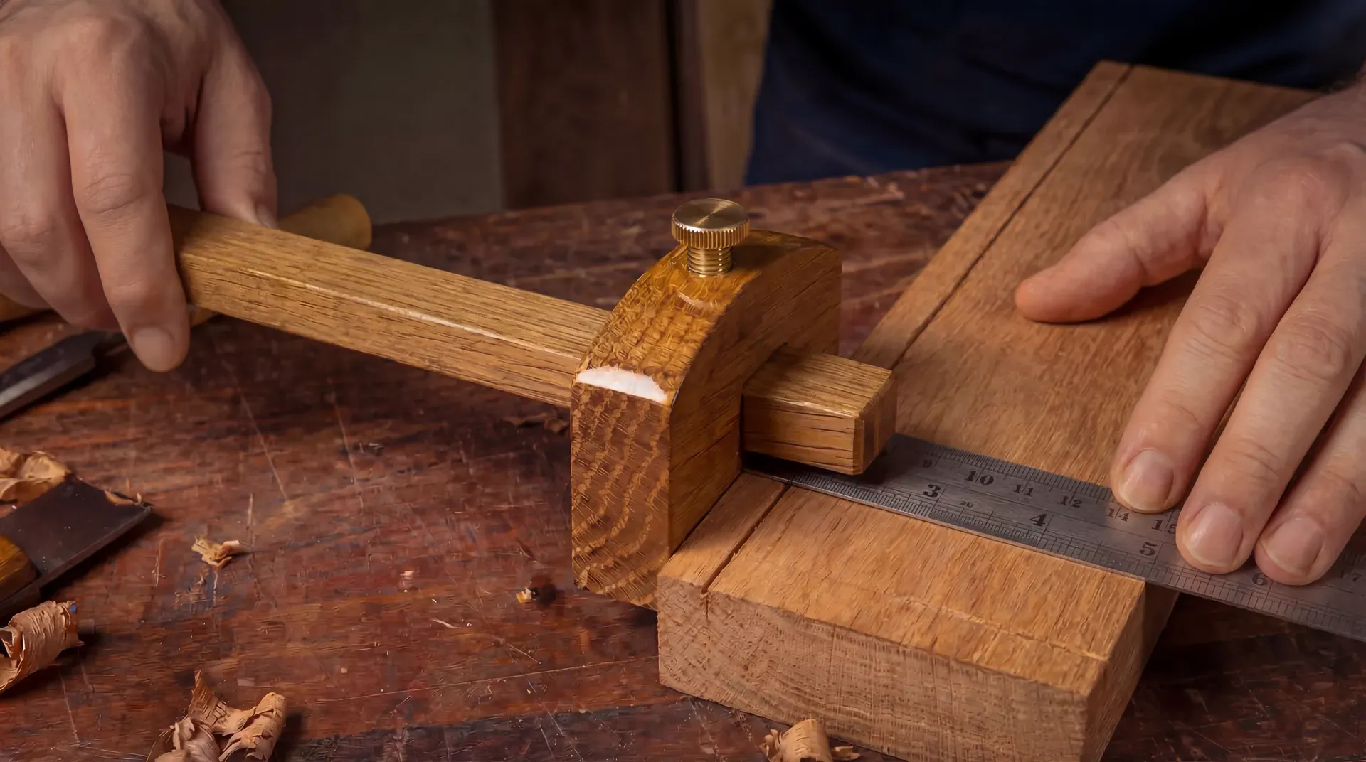 Hands measuring the position of the pin on a marking gauge, with the fence pressed against the edge of the beam and a steel rule held against the pin tip to verify the set distance.